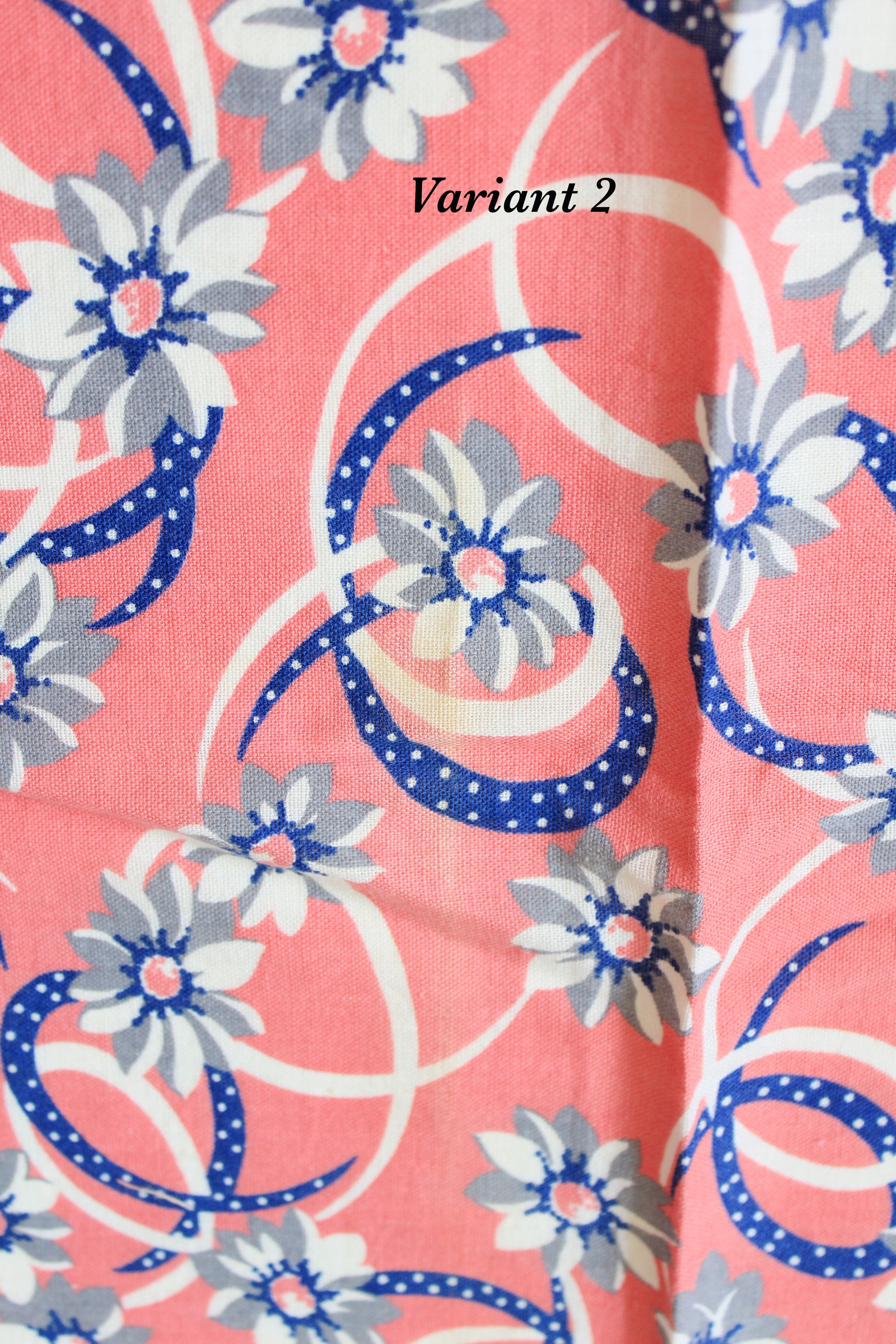 1940s Pink And Blue Floral Feedsack With Illustrated Ribbon, Vintage Summer Sewing/Quilting Fabric
