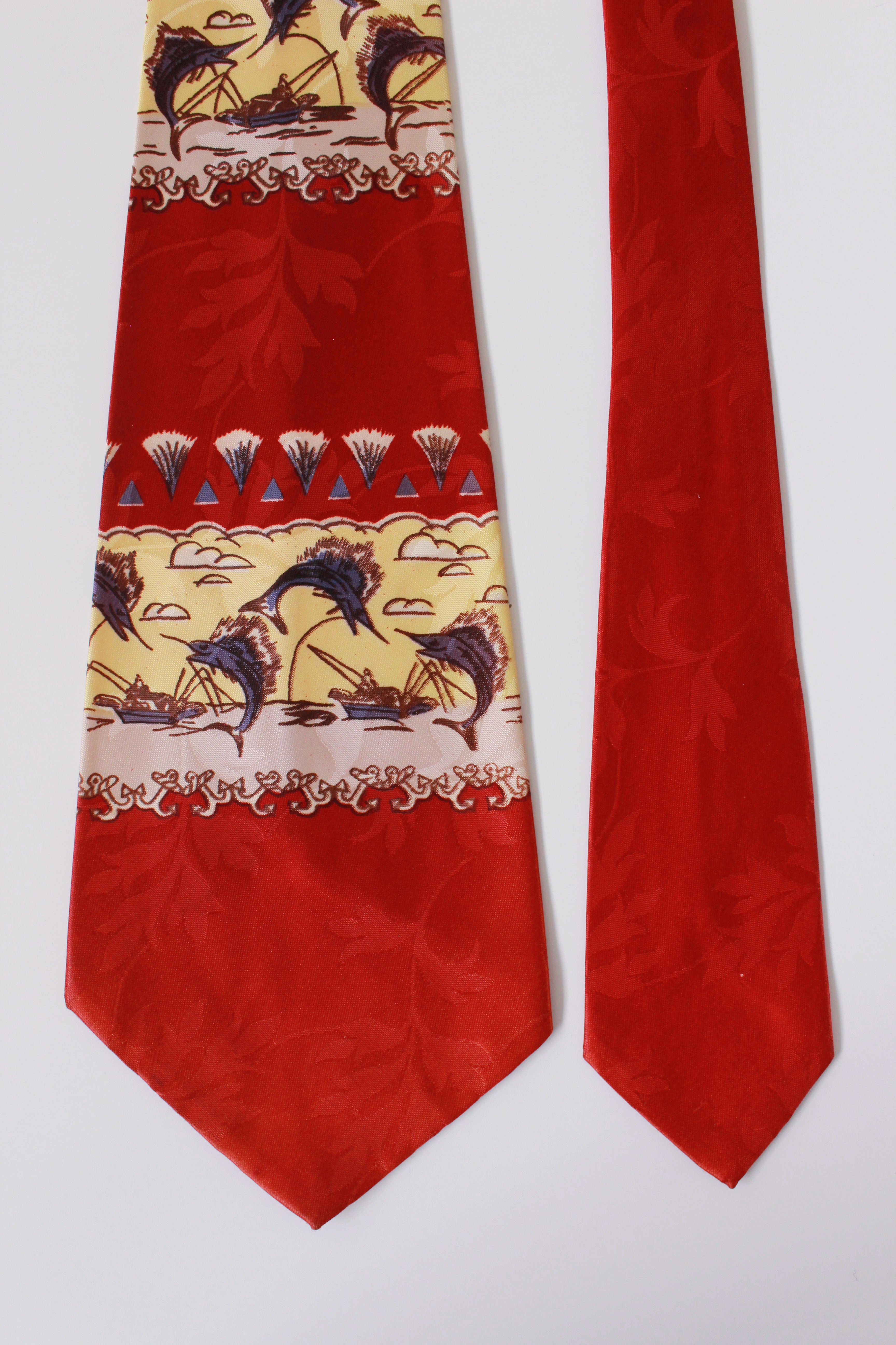 1940s Wide Necktie, 4 in. Bold Look Tie with Chinese Illustration, Red and popular Yellow Silk, Vintage Men's Necktie