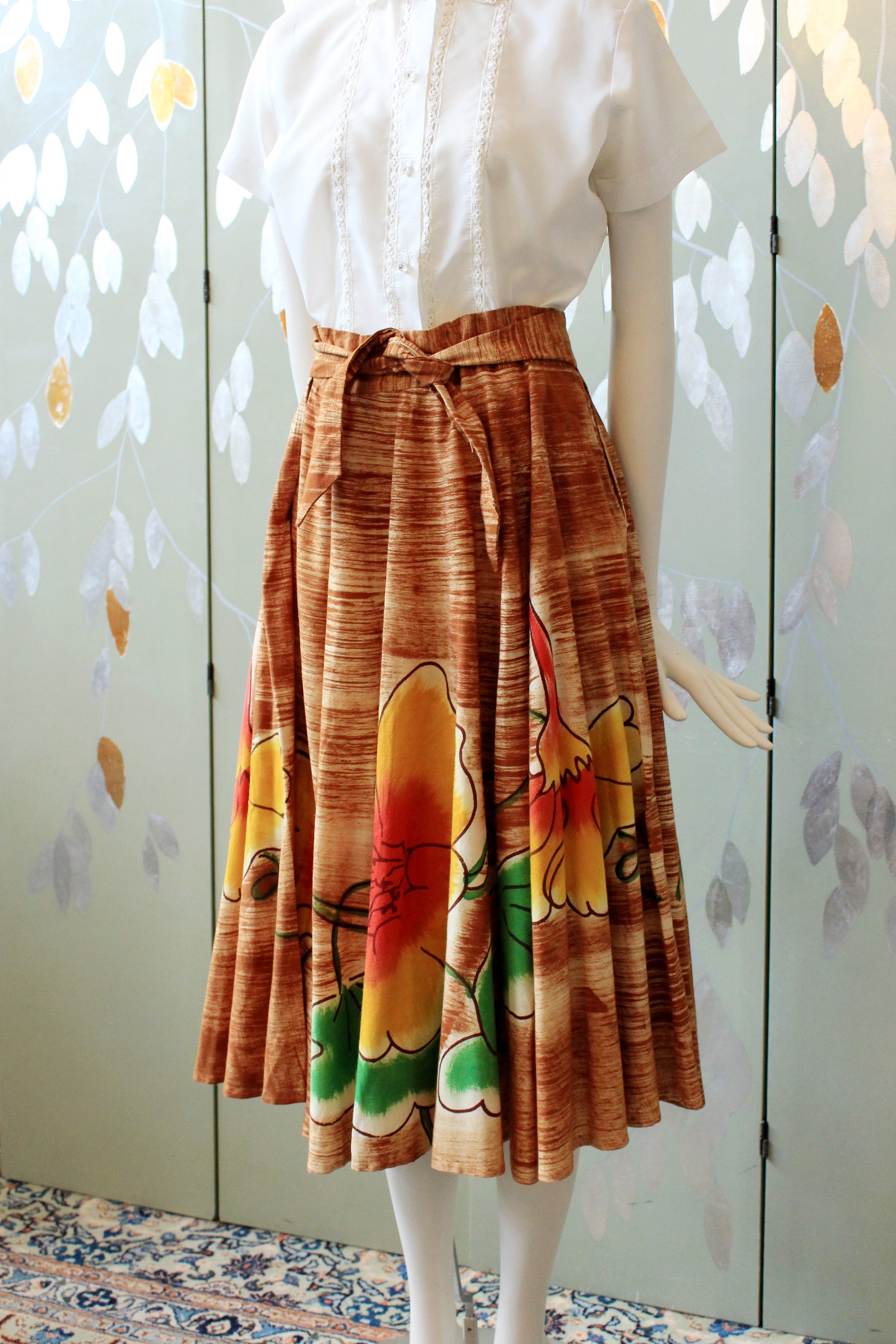 1950s Handpainted Circle Skirt With Tropical Flowers In Orange And Yellow, S/M