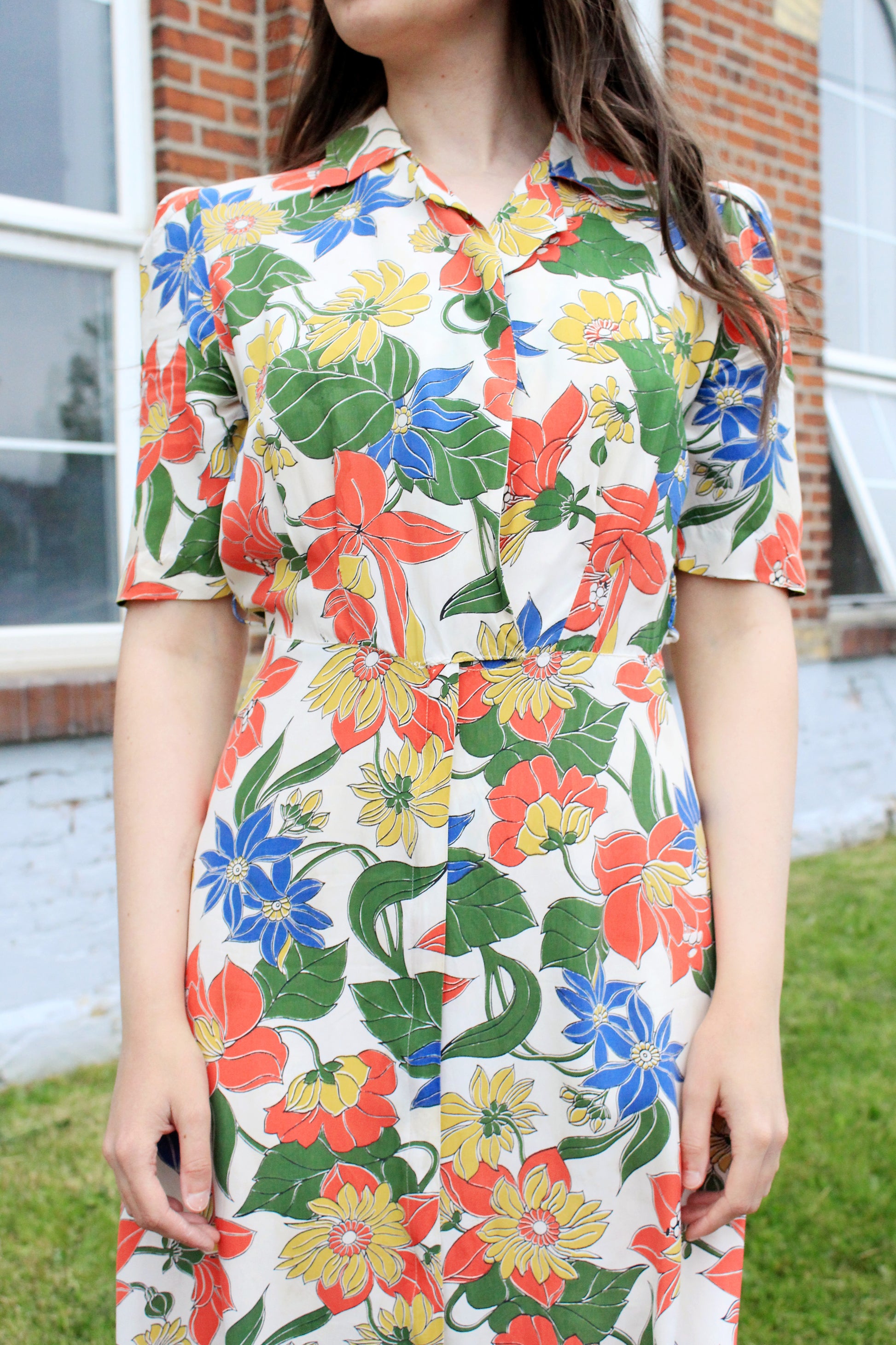 Vintage 1930s Tropical Floral Print Short Sleeve Maxi Hostess Gown, Small 