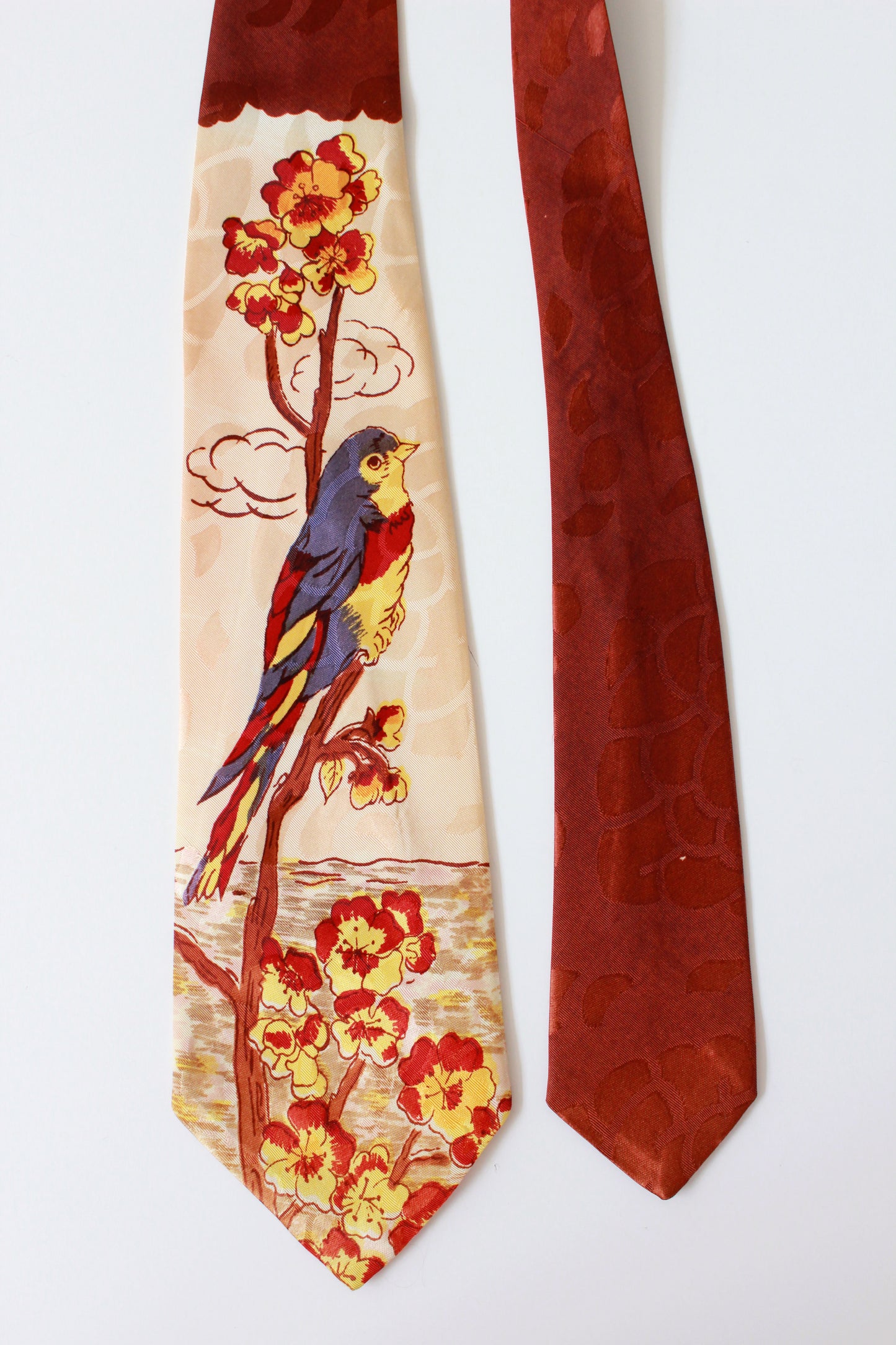 Vintage 1940s Rayon Tie With Hand Painted Bird In Primary Colours