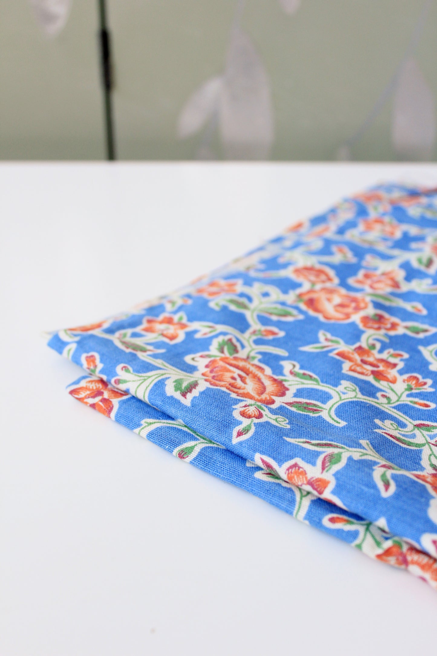 1940s Blue, Red And Green Floral Feedsack, Vintage Summer Sewing/Quilting Fabric,