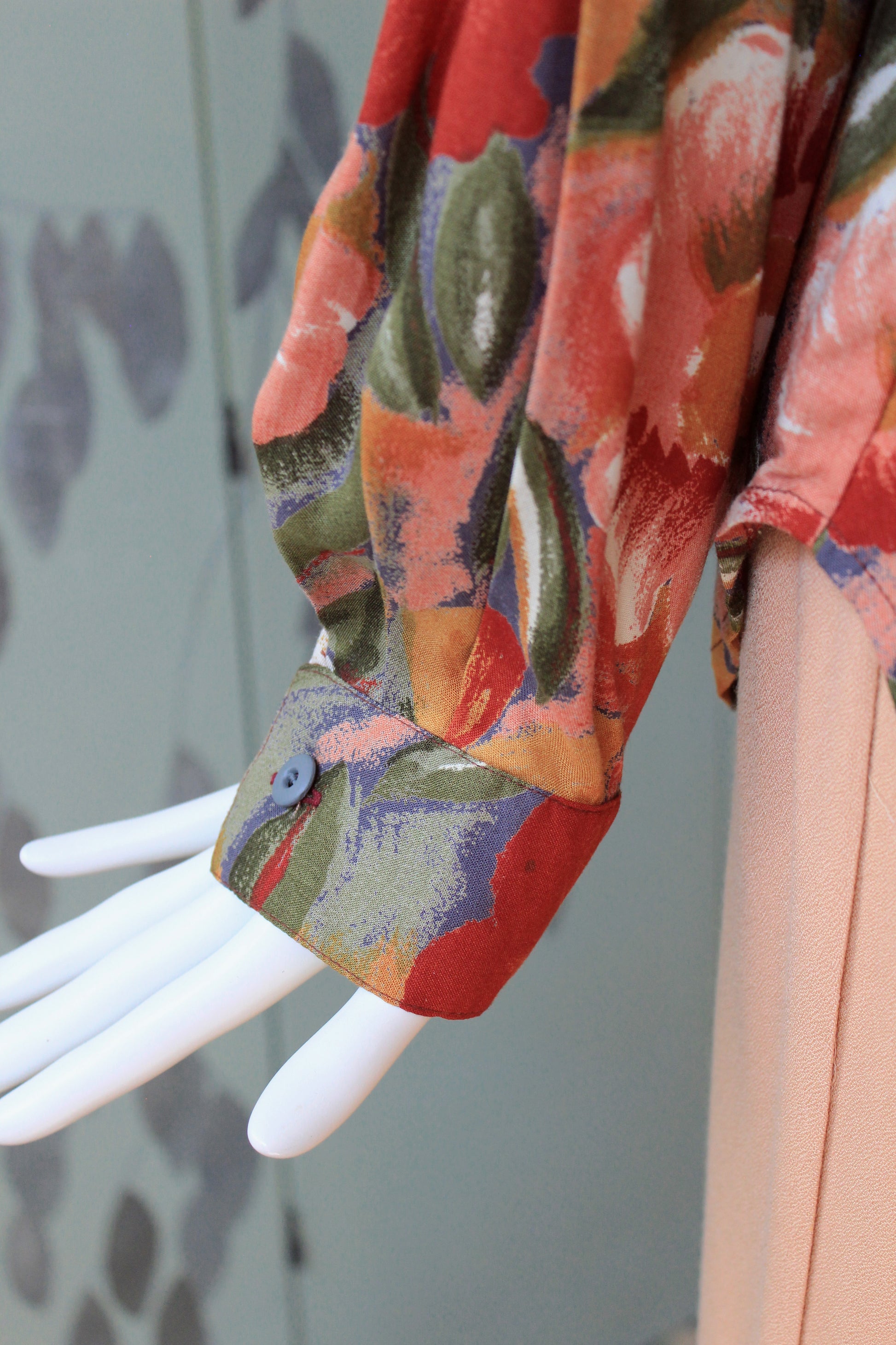 1980s Soft Rayon Floral Long Sleeve Blouse, XL