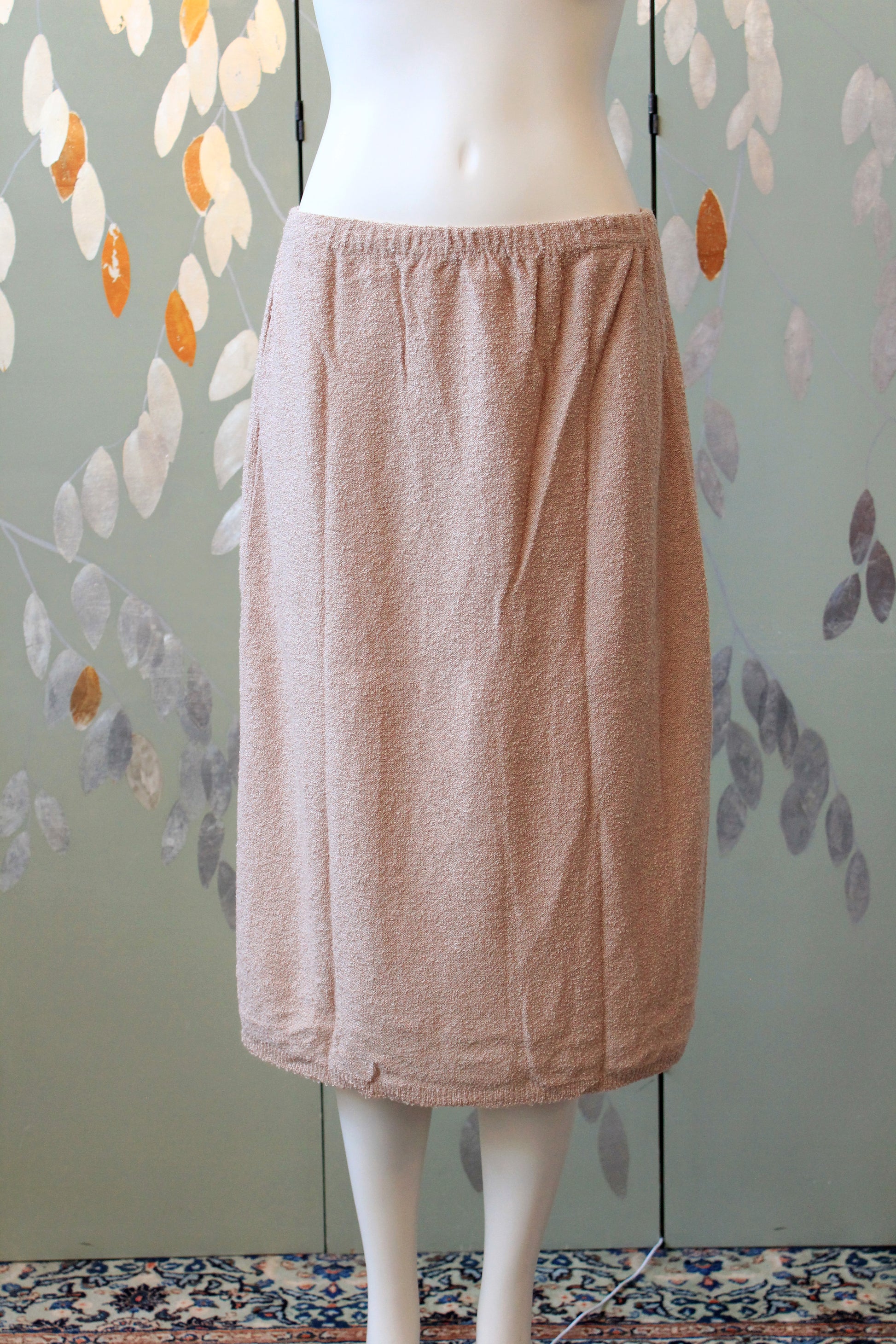 1980s Beige Knee Length Elastic Acrylic Knit Skirt, Medium/Large