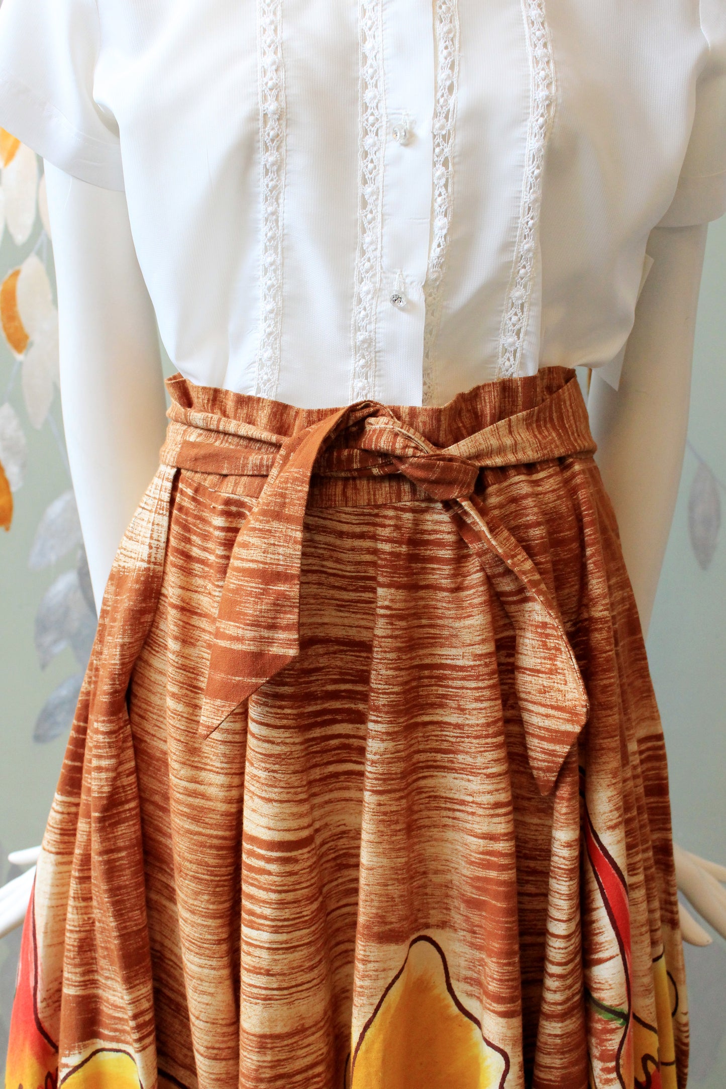 1950s Handpainted Circle Skirt With Tropical Flowers In Orange And Yellow, S/M