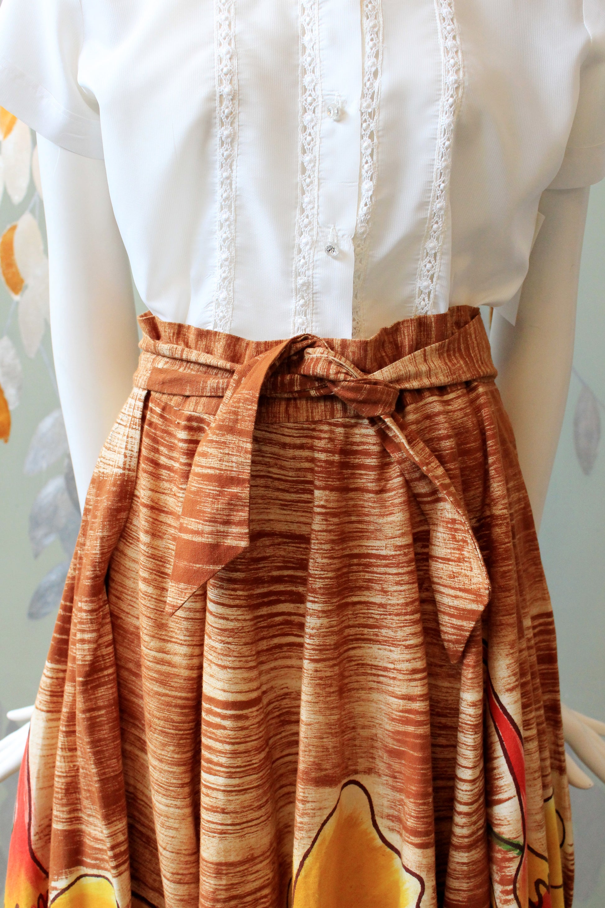 1950s Handpainted Circle Skirt With Tropical Flowers In Orange And Yellow, S/M