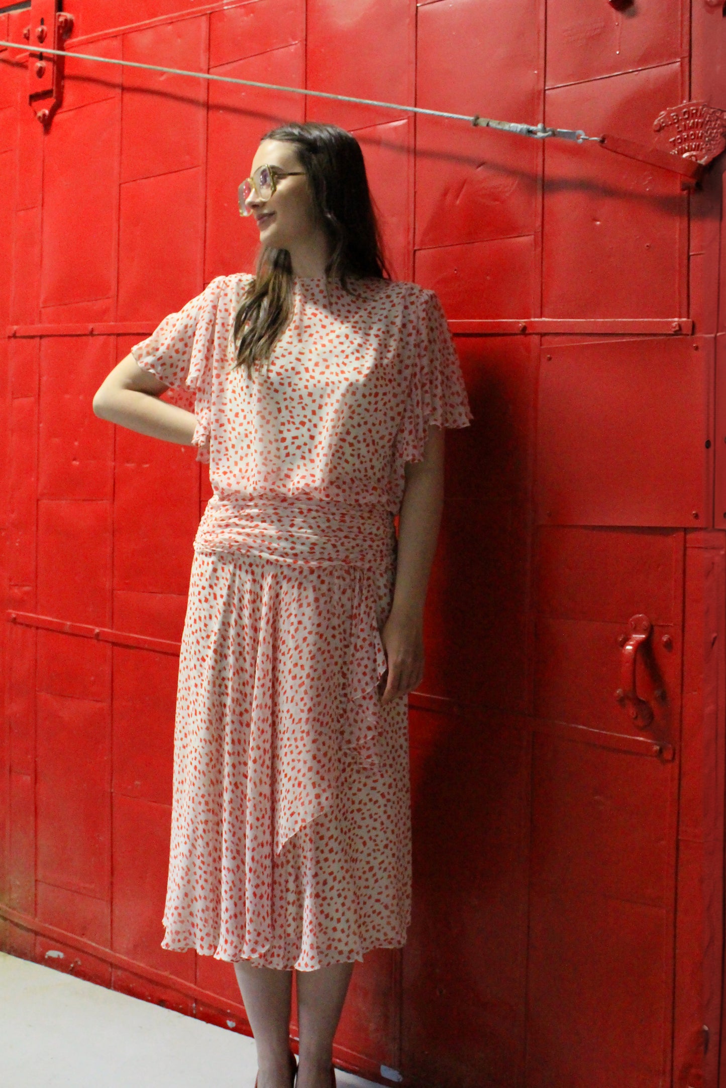 Vintage 1980s White Silk Cocktail Dress with Red Geometric Print, S/M