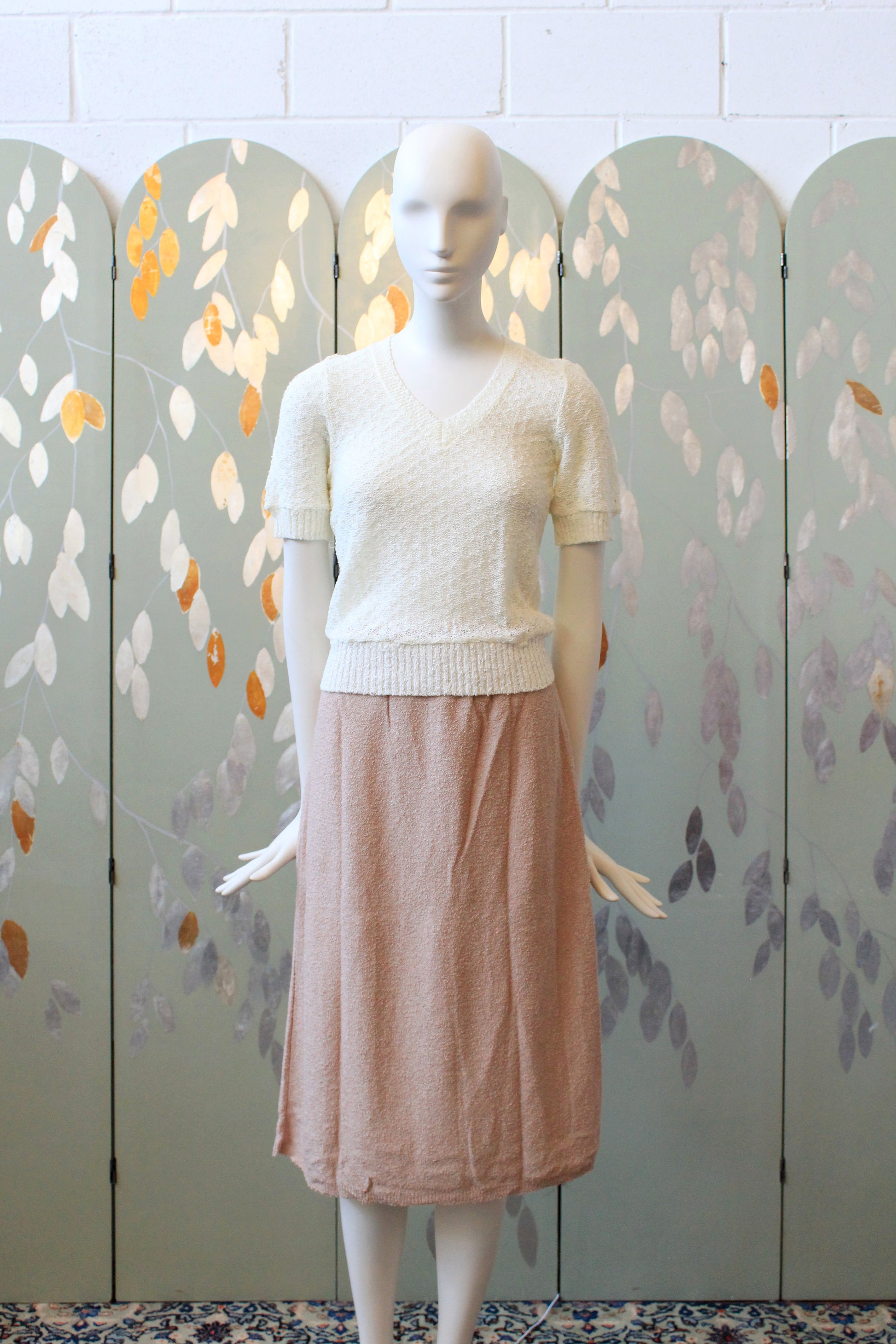 1980s Beige Knee Length Elastic Acrylic Knit Skirt, Medium/Large