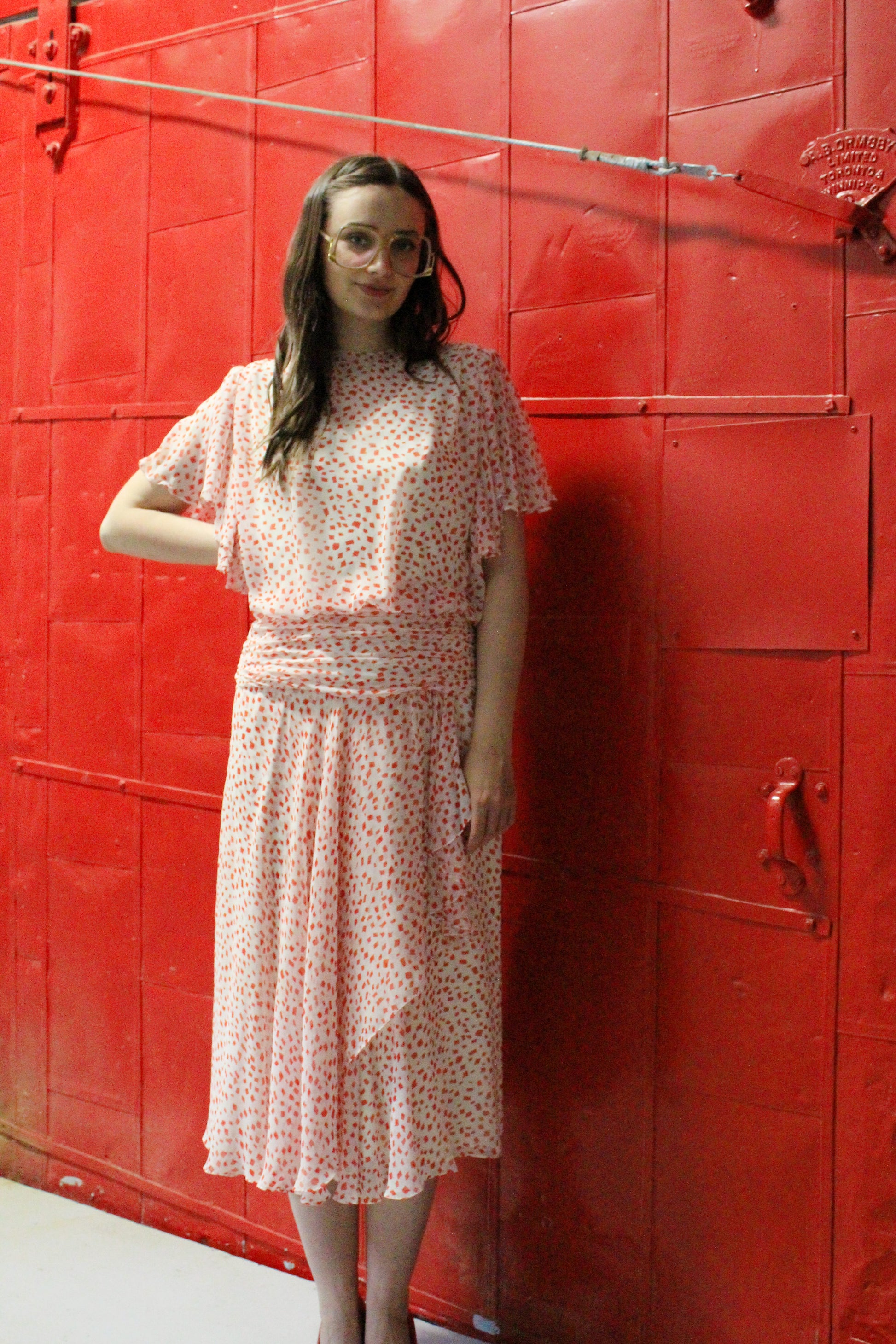 Vintage 1980s White Silk Cocktail Dress with Red Geometric Print, S/M