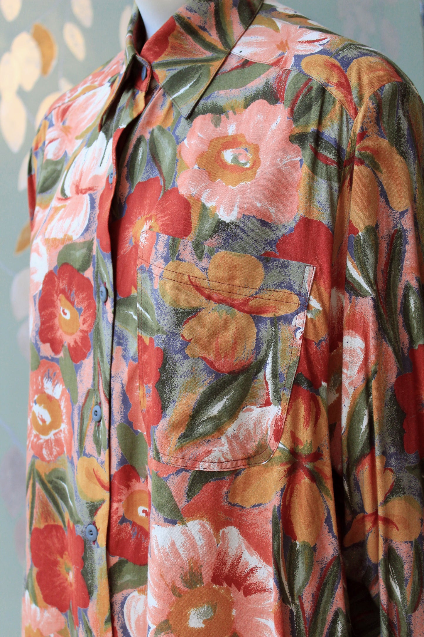 1980s Soft Rayon Floral Long Sleeve Blouse, XL