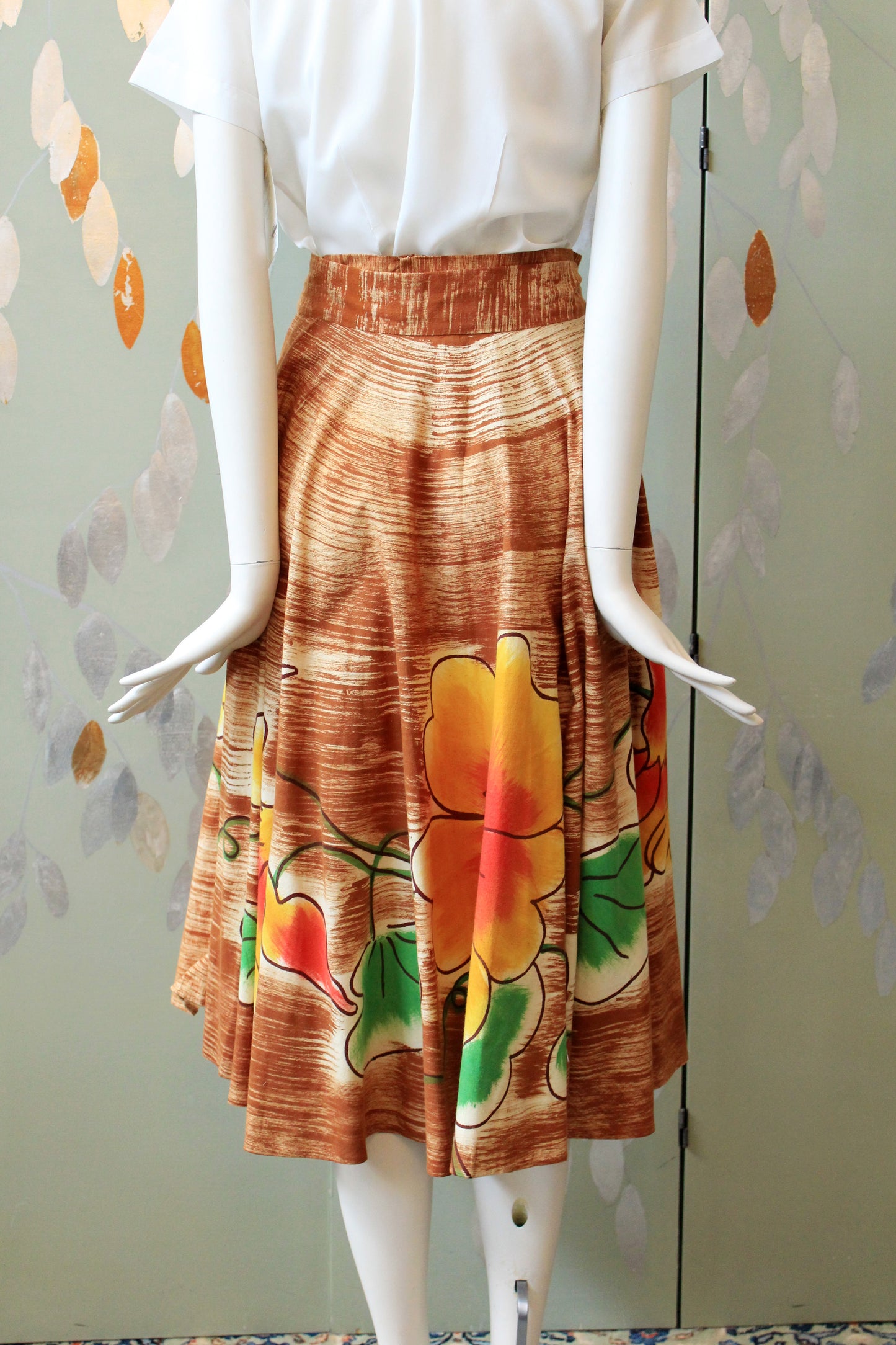 1950s Handpainted Circle Skirt With Tropical Flowers In Orange And Yellow, S/M