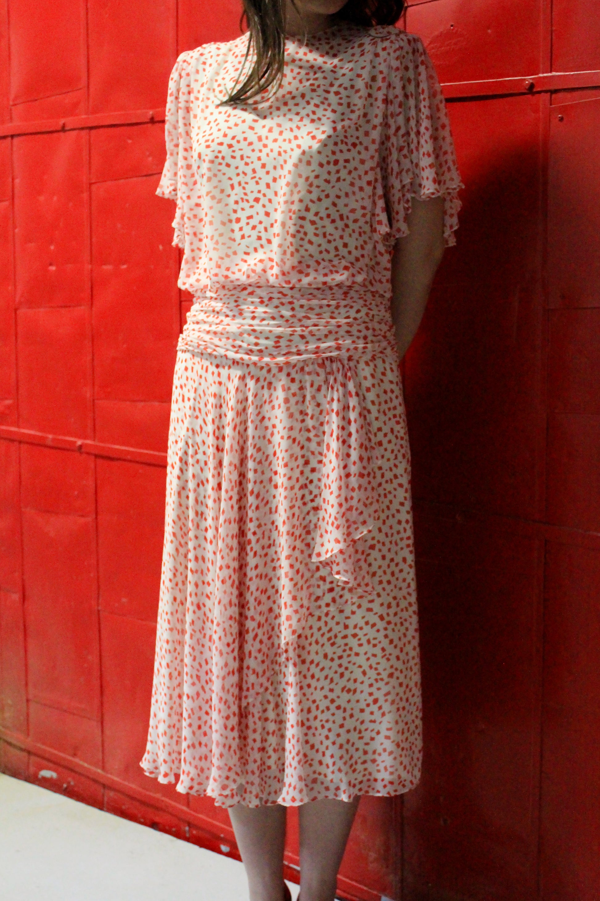 Vintage 1980s White Silk Cocktail Dress with Red Geometric Print, S/M