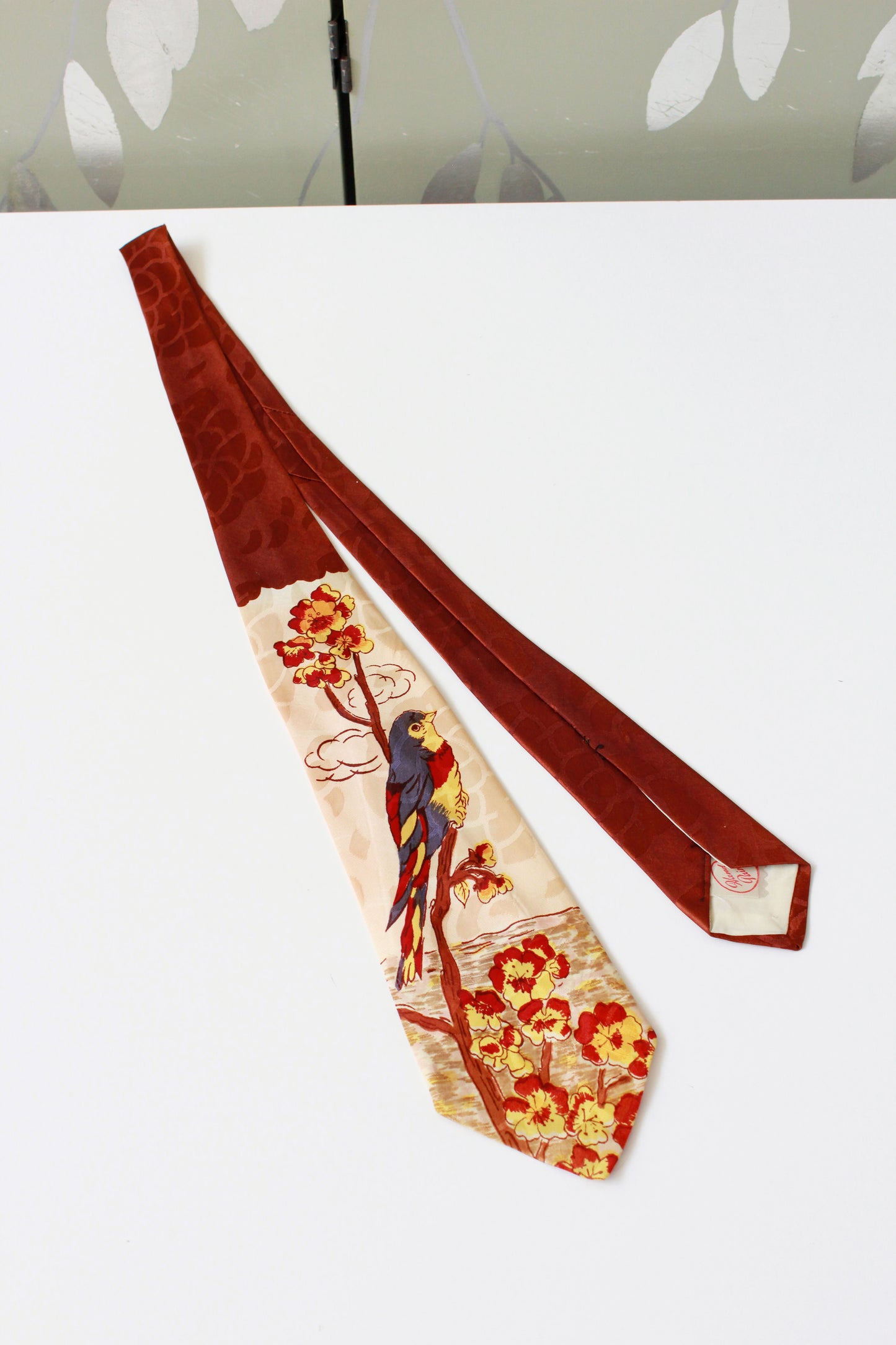 Vintage 1940s Rayon Tie With Hand Painted Bird In Primary Colours