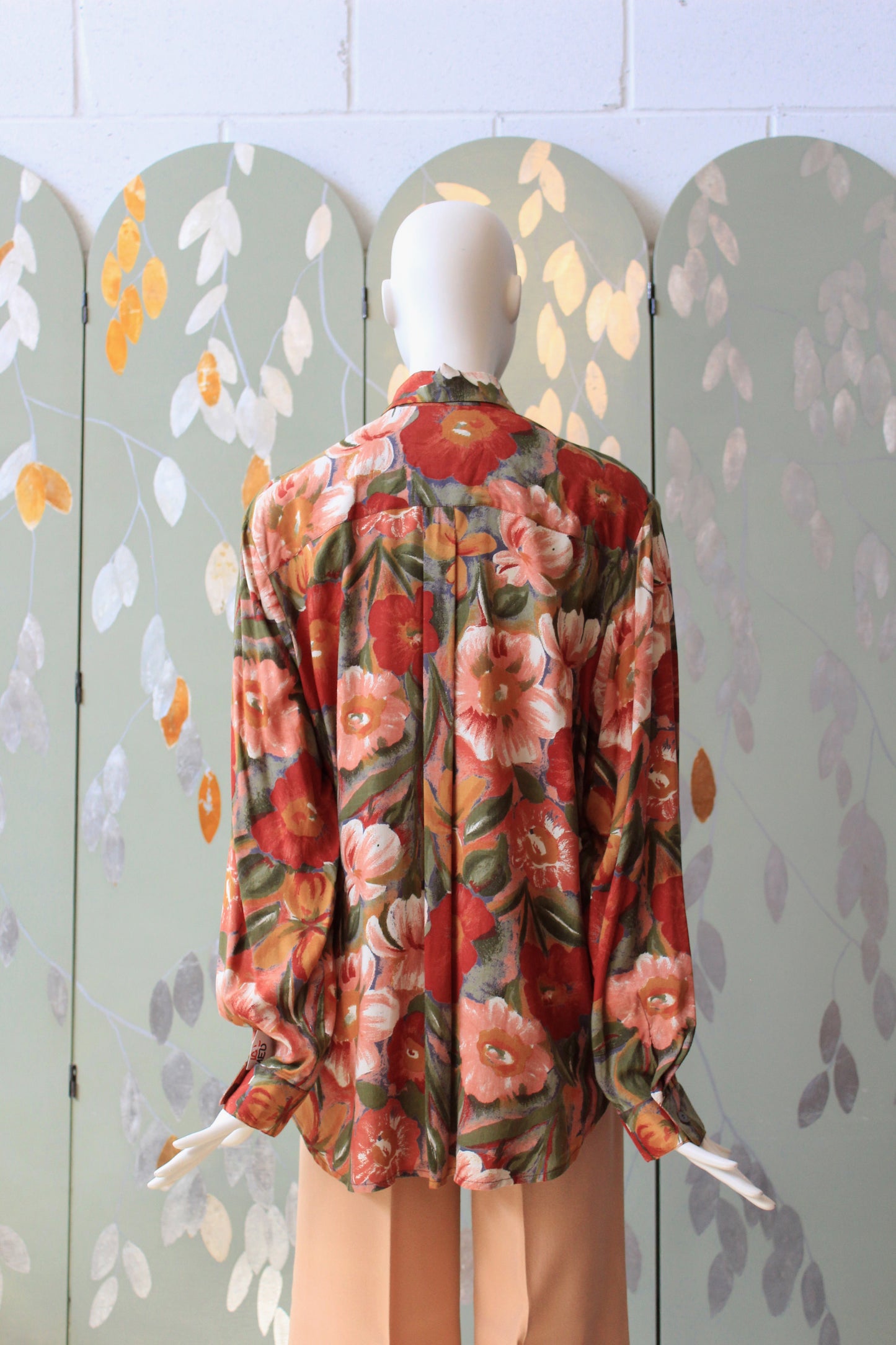 1980s Soft Rayon Floral Long Sleeve Blouse, XL