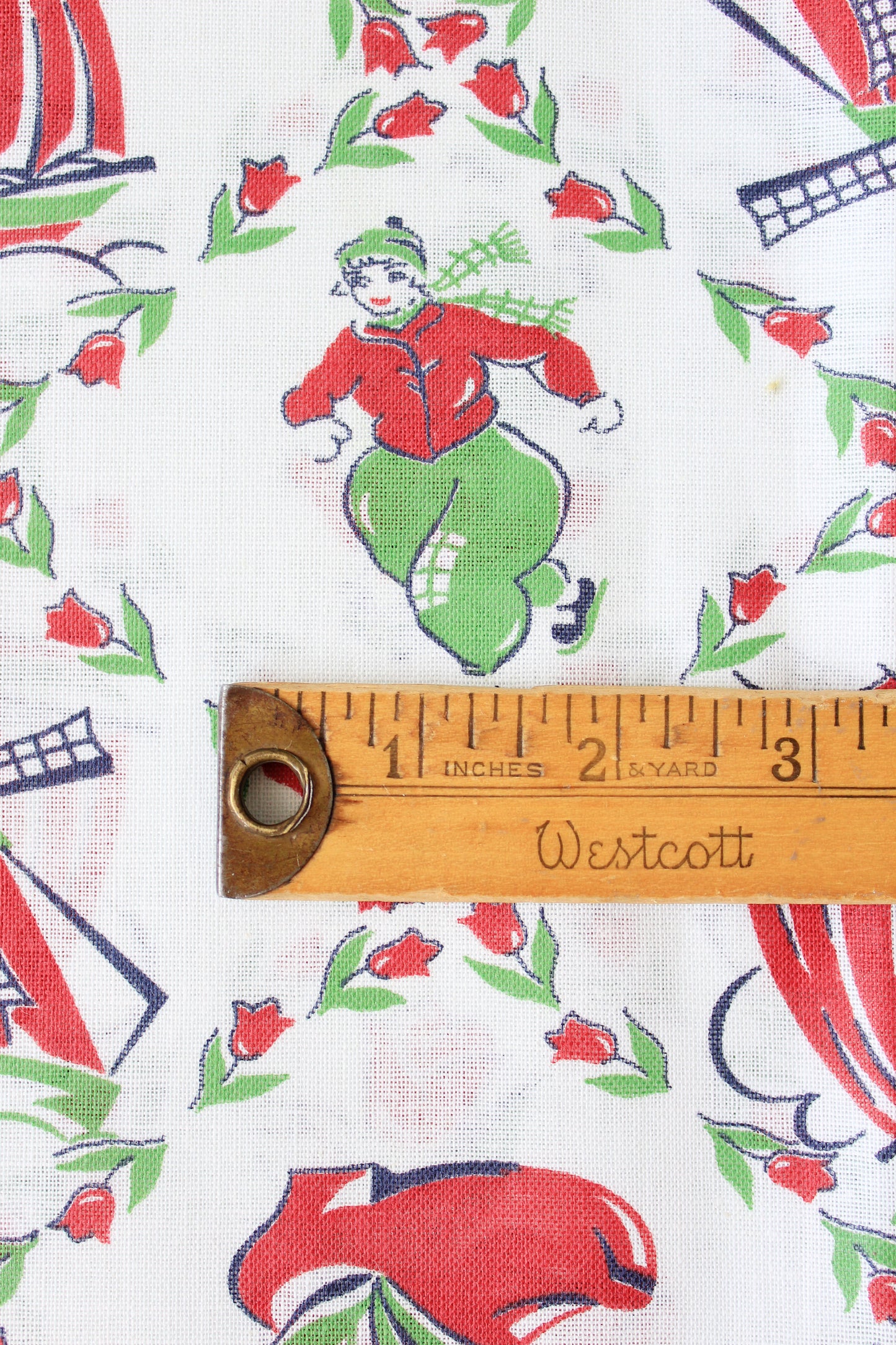 1940s Red And Green Dutch Illustration Feedsack featuring Ice Skaters And Windmills, Vintage Sewing/Quilting Fabric