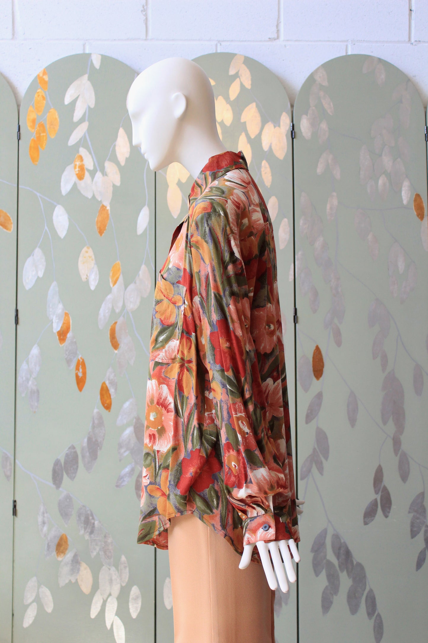 1980s Soft Rayon Floral Long Sleeve Blouse, XL