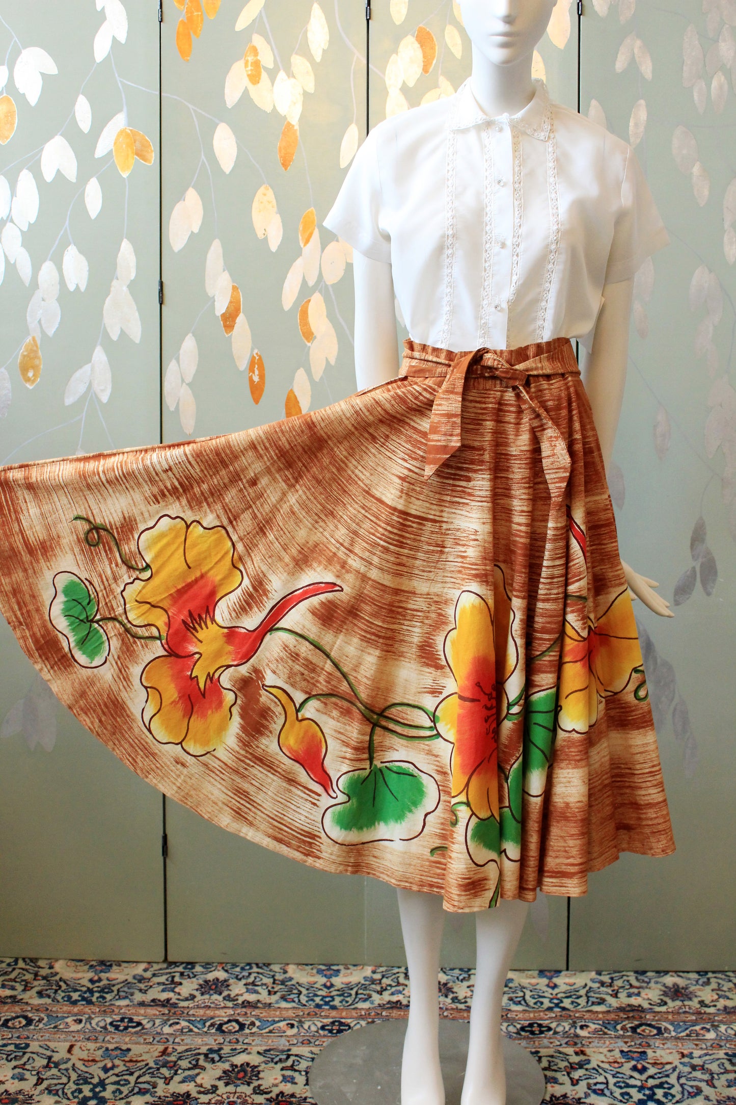 1950s Handpainted Circle Skirt With Tropical Flowers In Orange And Yellow, S/M