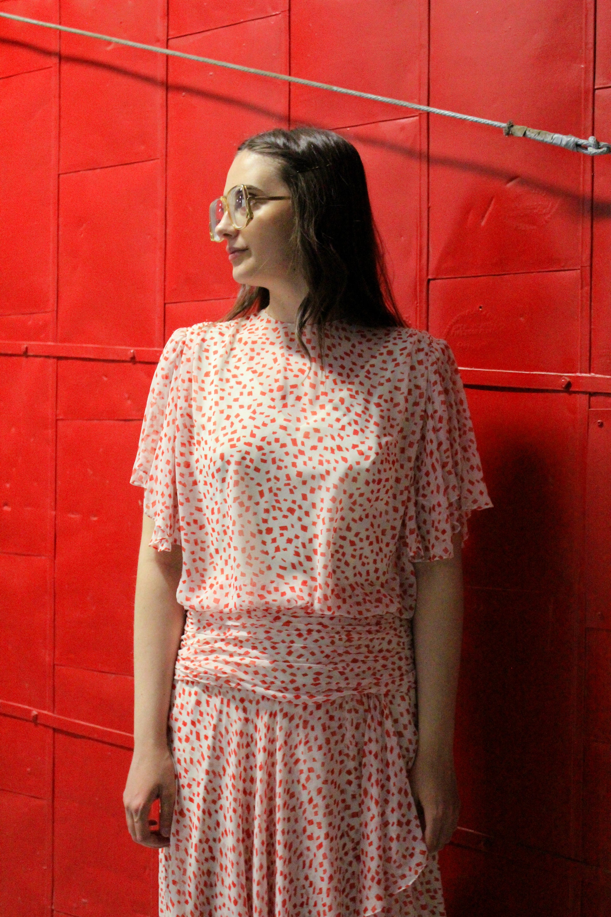 Vintage 1980s White Silk Cocktail Dress with Red Geometric Print, S/M