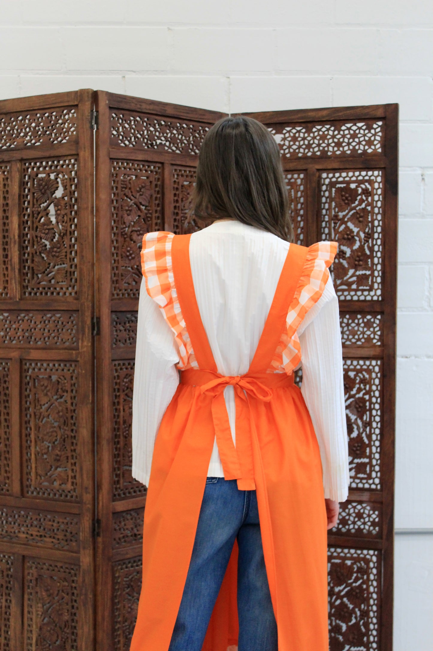 Vintage 1970s Orange Gingham Pinafore Apron with Ruffles, Medium