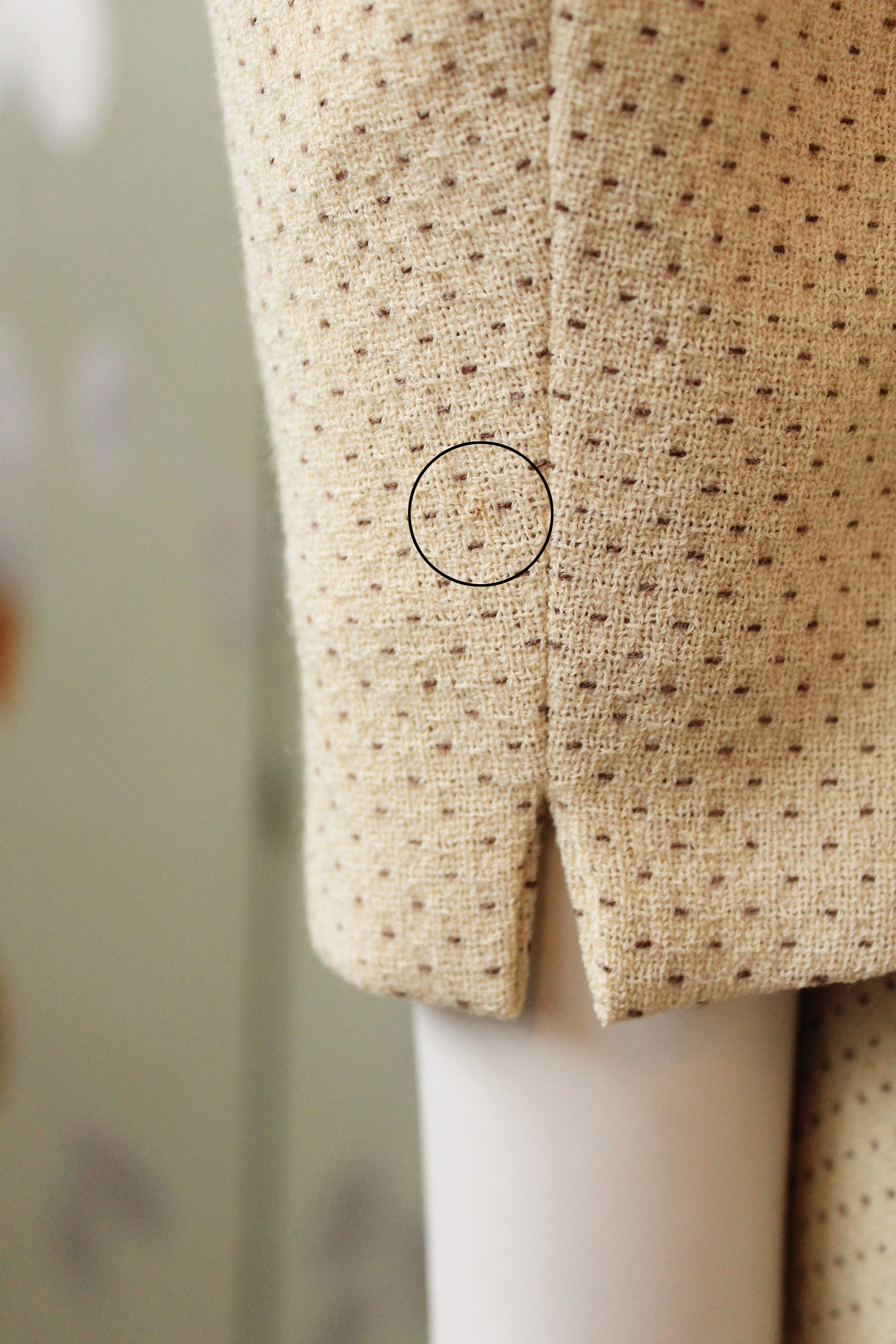 Vintage 1950s Cream and Brown Dot Skirt Suit Set With Leaf Embellishment, XS