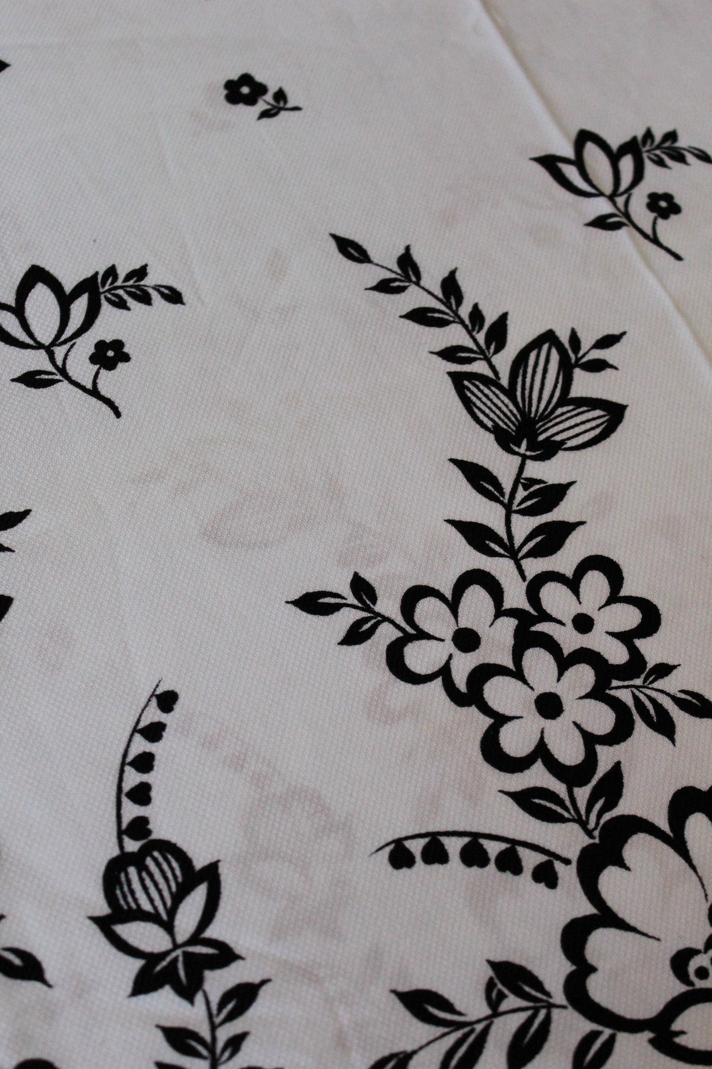 1980s Black And White Large Illustrated Floral Border Print Fabric, 3.9 Yards
