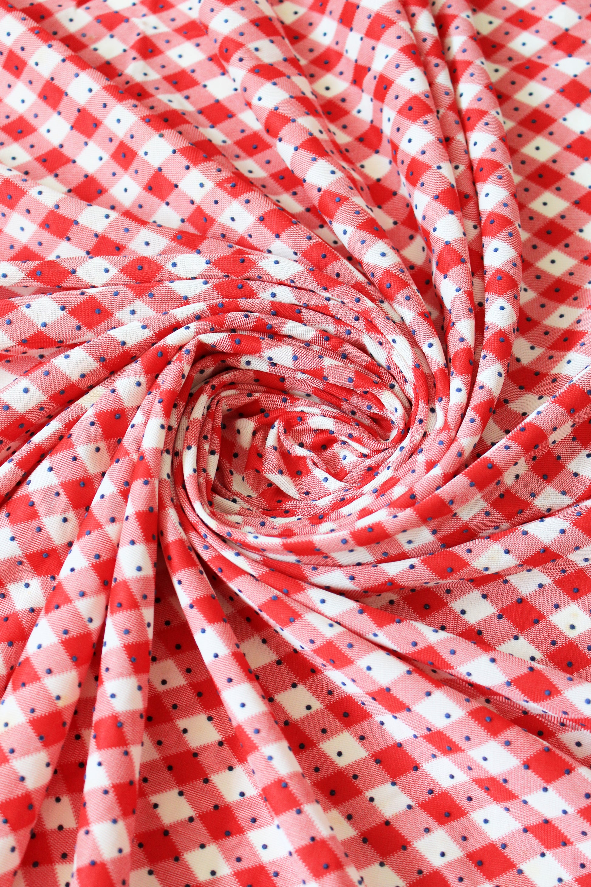 1960s Red And White Checkered Plaid With Blue Polka Dots Nylon Vintage Print Fabric, 3.8 Yards