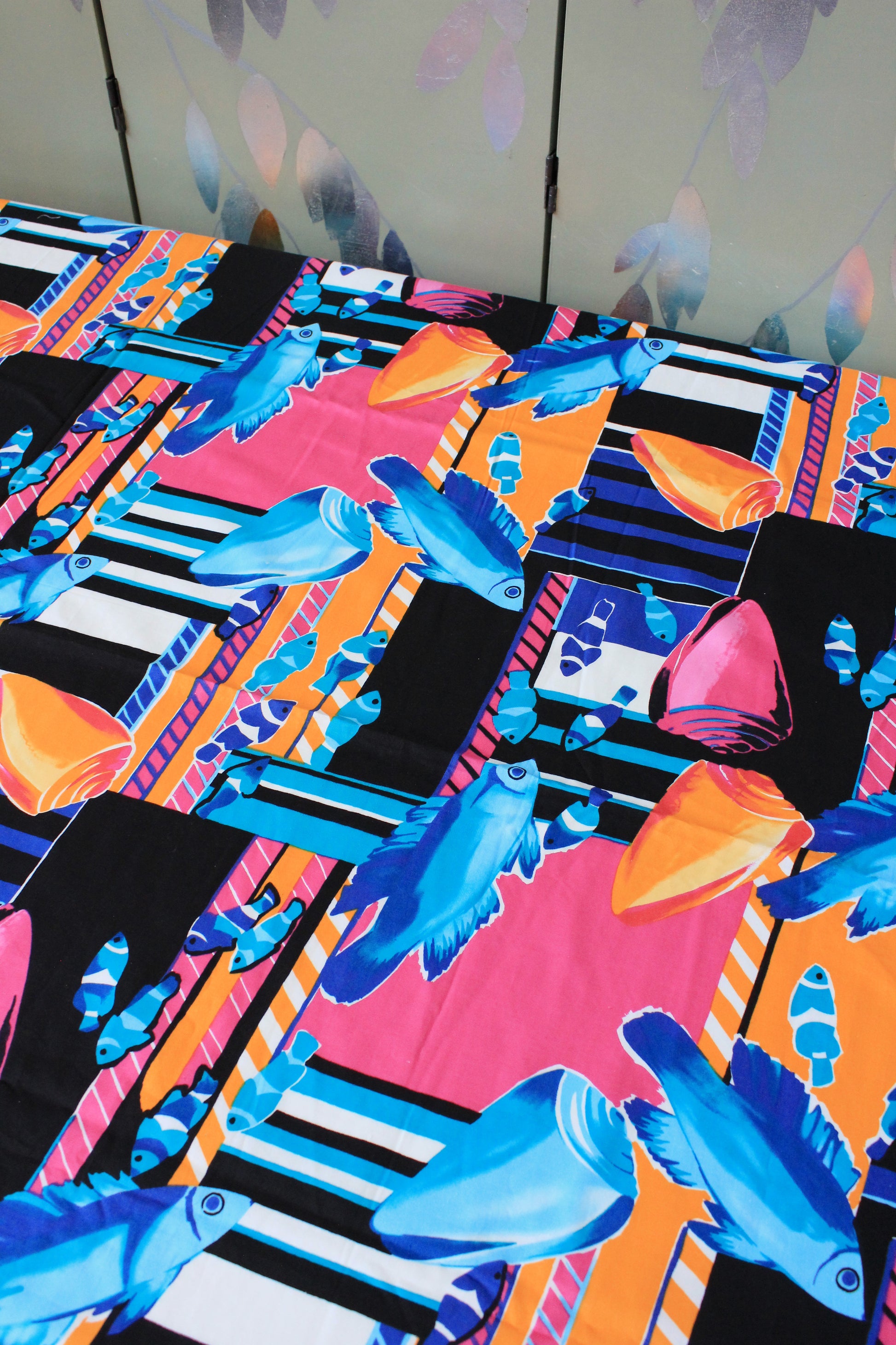 Vintage 1990s Multicoloured Fish And Shells Cotton Fabric, 3.5 Yards