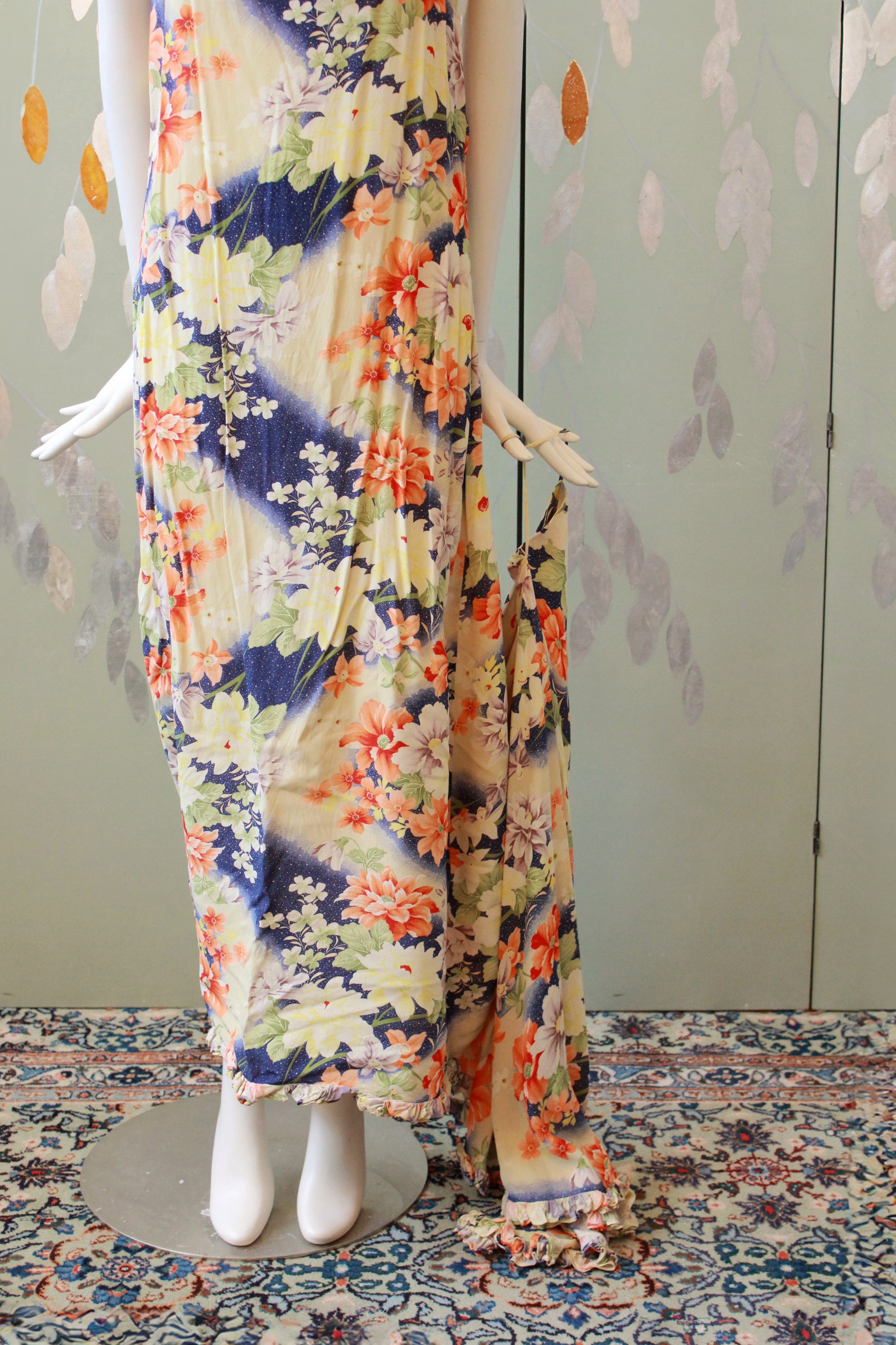 1930s Bias Cut Yellow And Orange Floral Gown With Train, Small