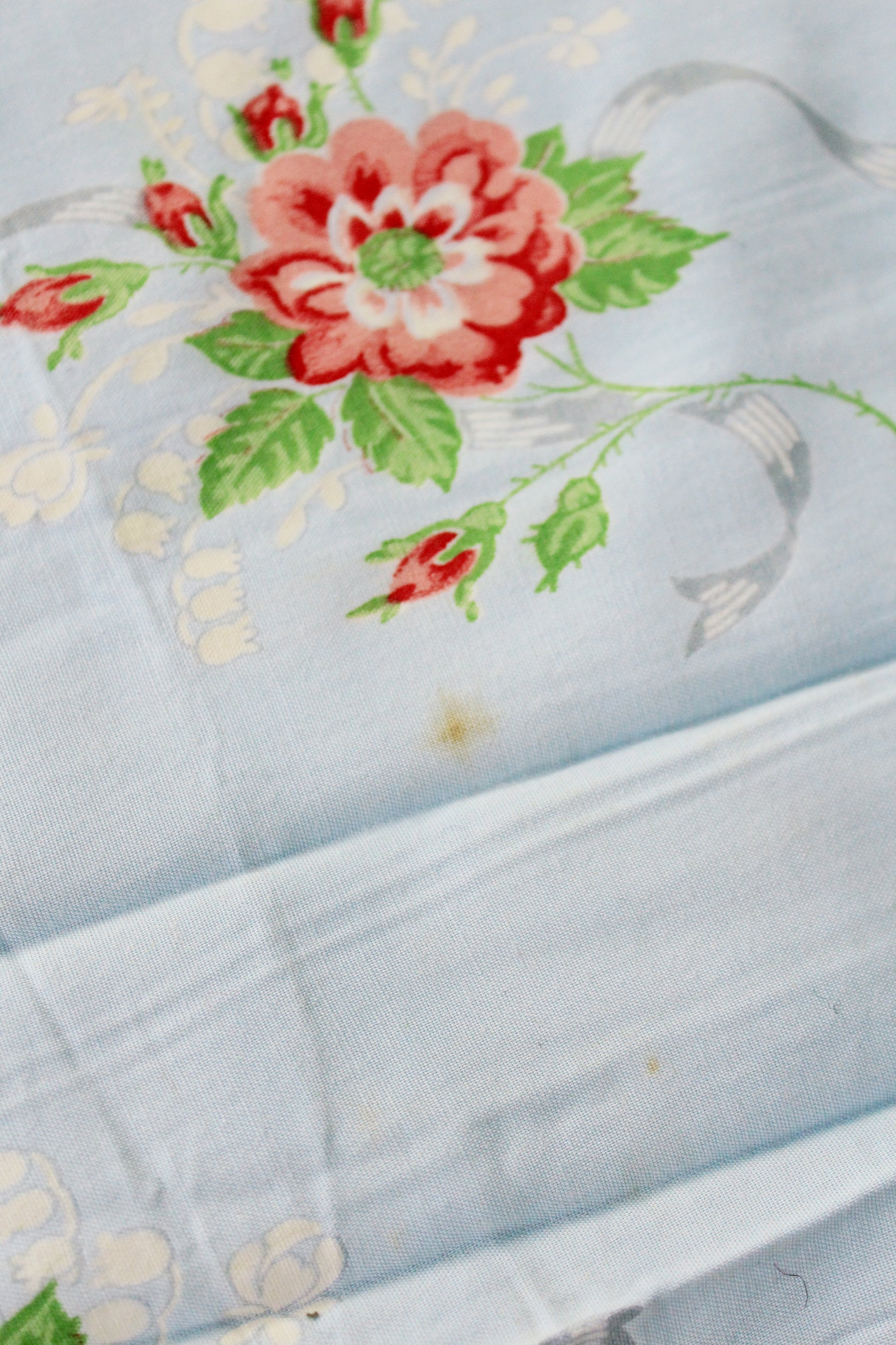 1940s Light Blue Cotton Fabric With Pink Flowers, 9 Yards