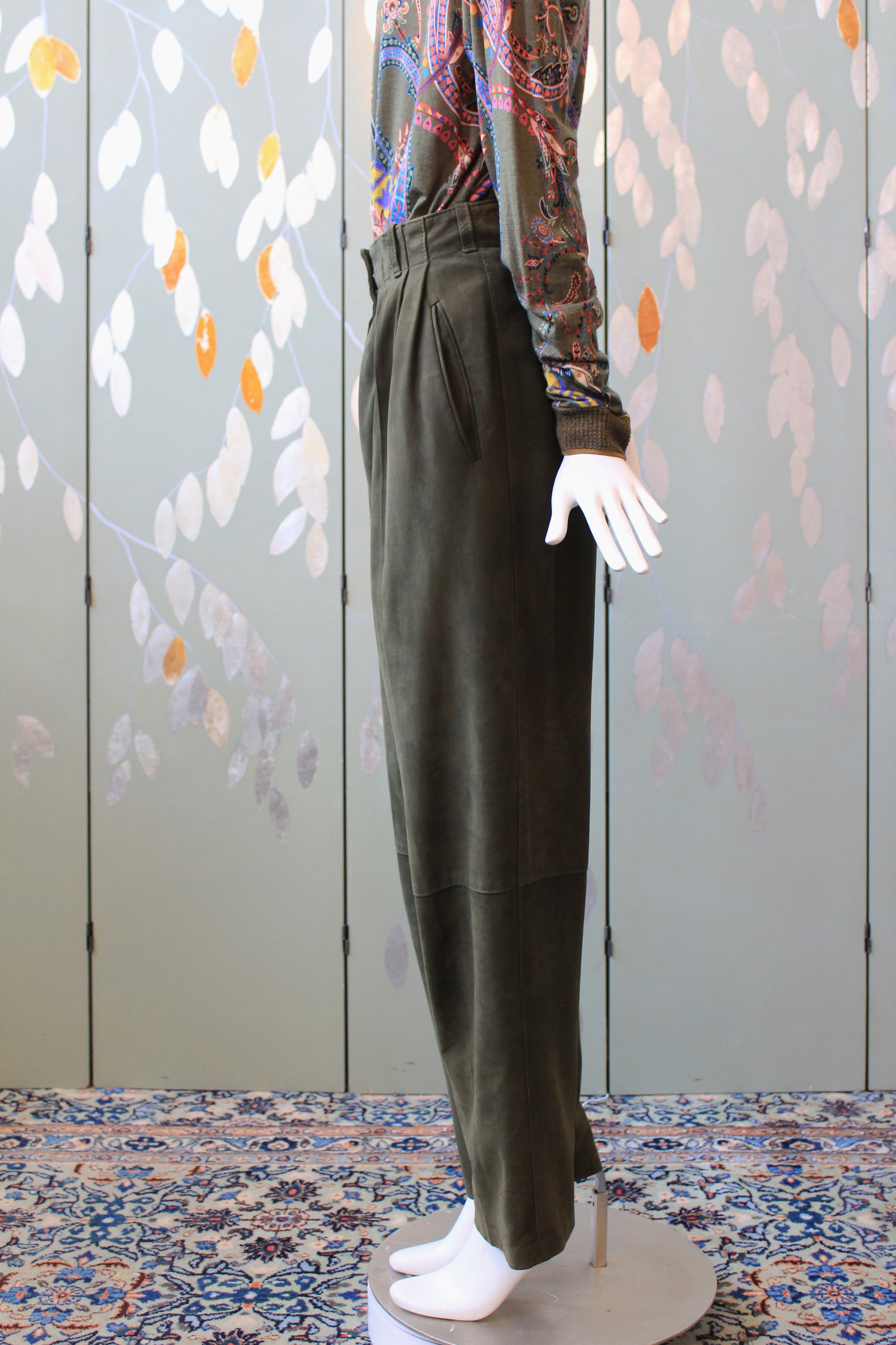 1980s Leather Paperbag Style Pants In Olive Green, Medium