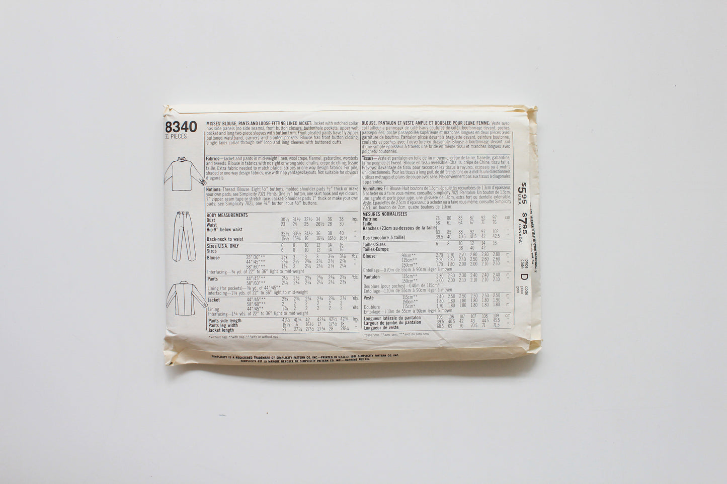 1980s Blouse/Pants/ Loose Fitting Jacket Simplicity 8340 Sewing Pattern, Uncut Size 6