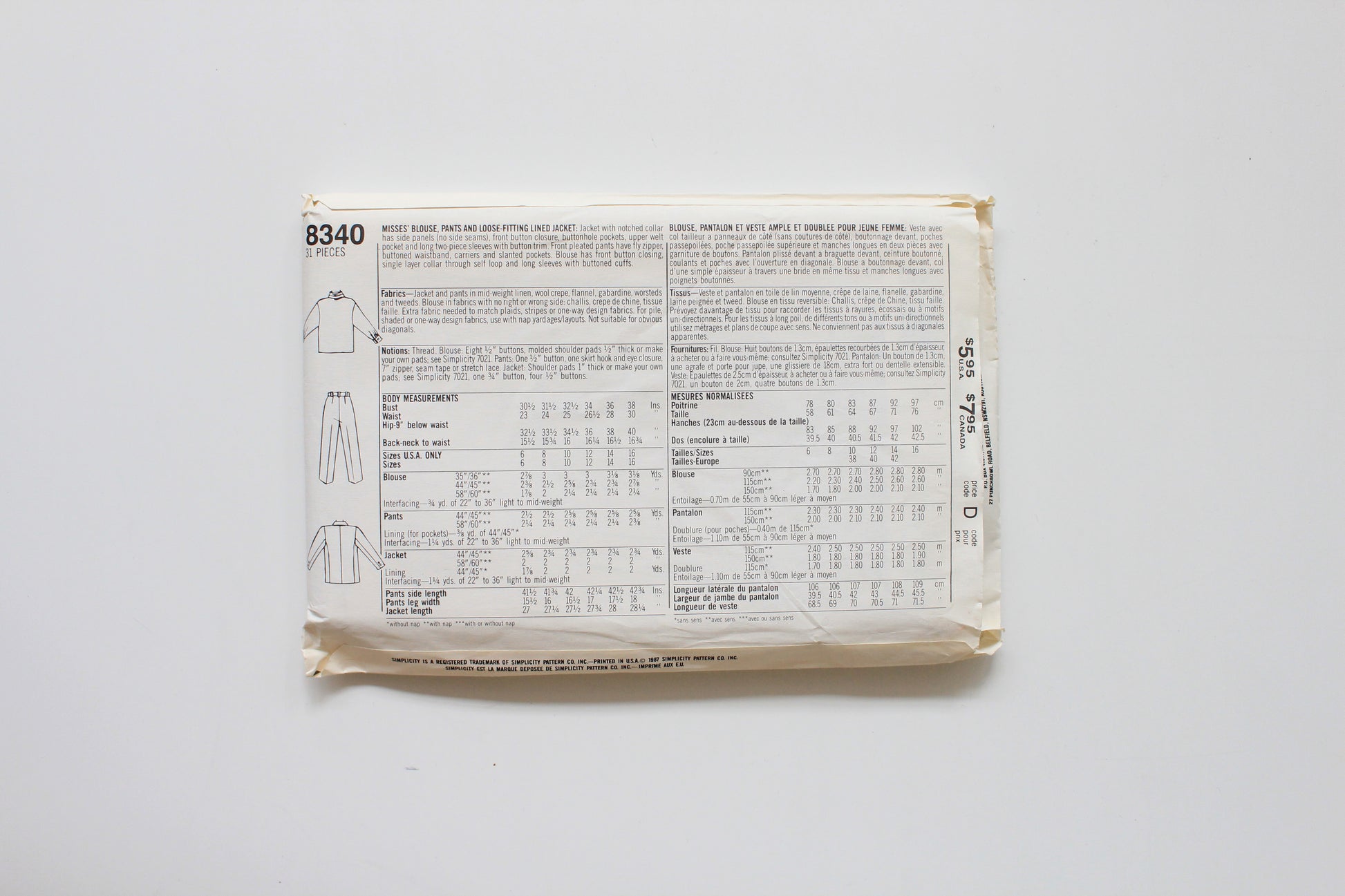 1980s Blouse/Pants/ Loose Fitting Jacket Simplicity 8340 Sewing Pattern, Uncut Size 6