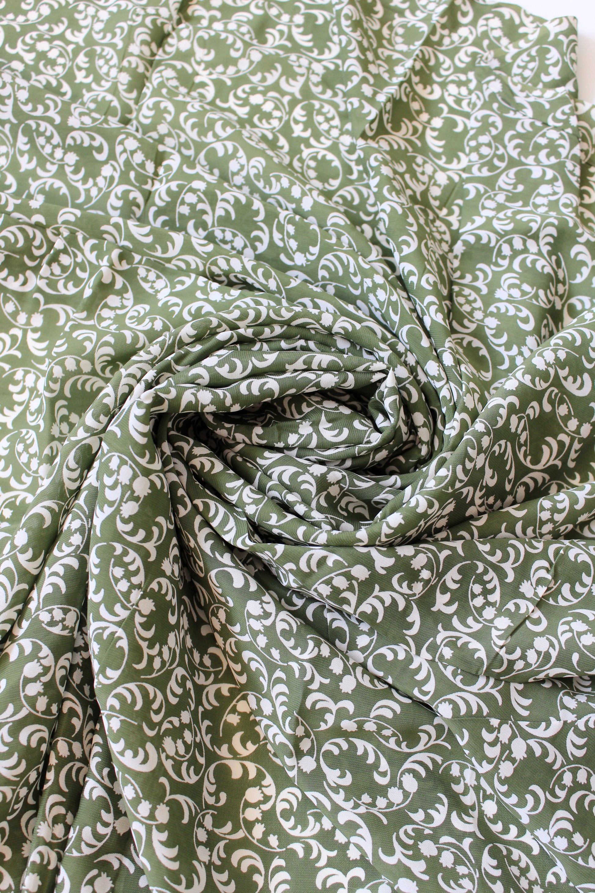 1940s Green And White Vine Pattern Summer Rayon Fabric, 4 Yards