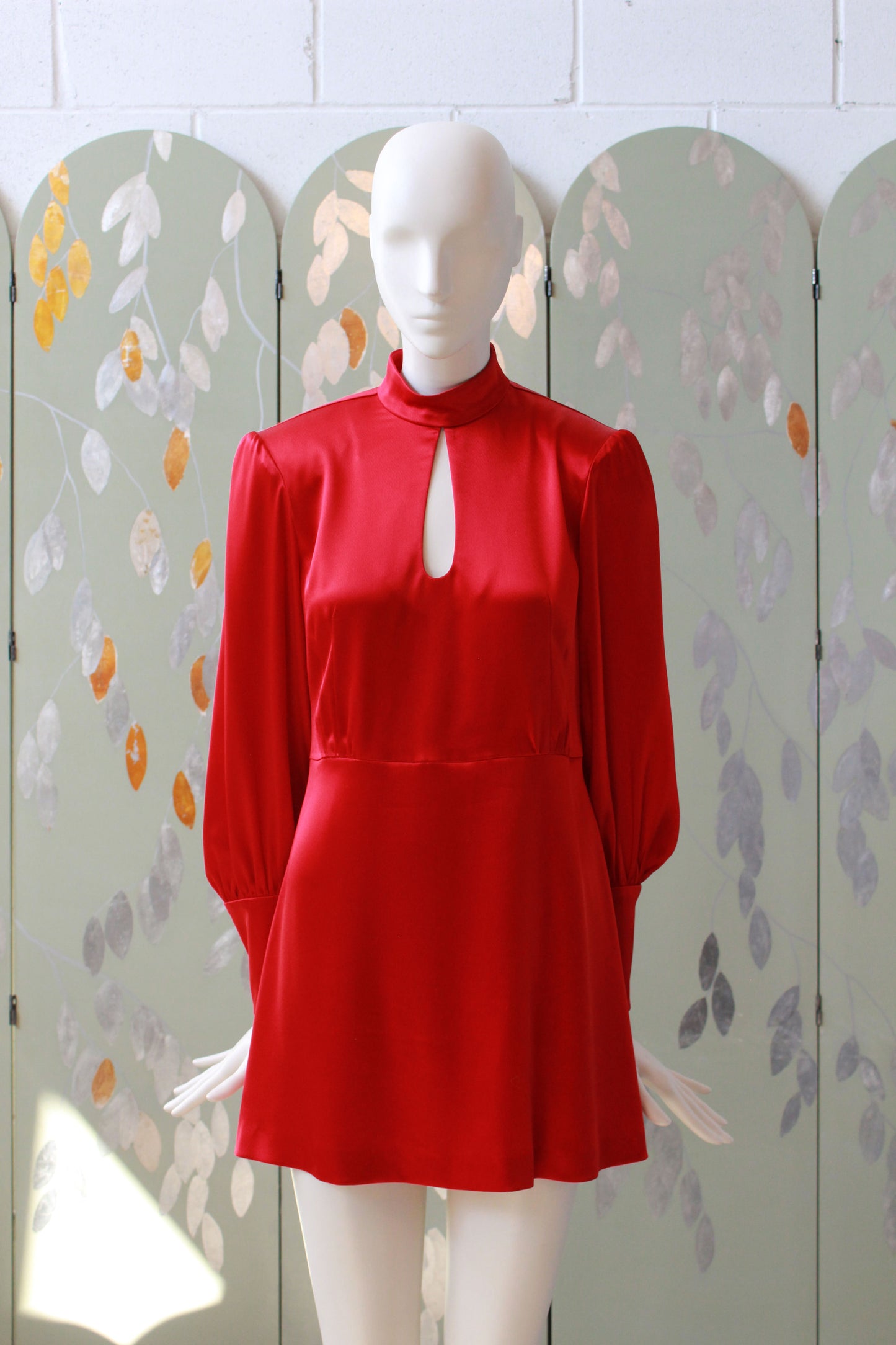 Early 2000s Red Satin Mini Dress With Balloon Sleeves And Fabric Belt, XS