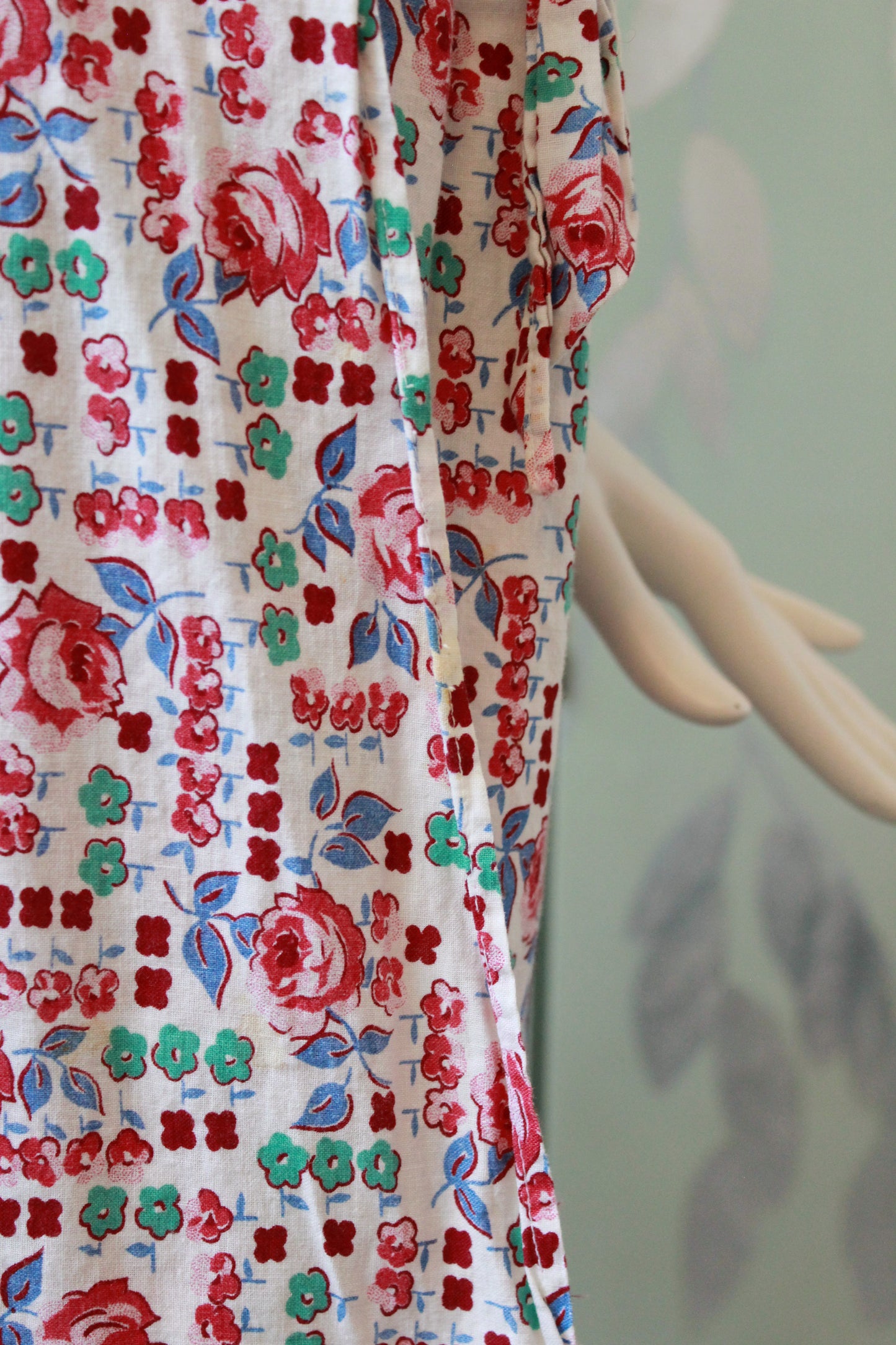 1940s  Floral Cotton Wrap House Dress With Embroidery, Medium