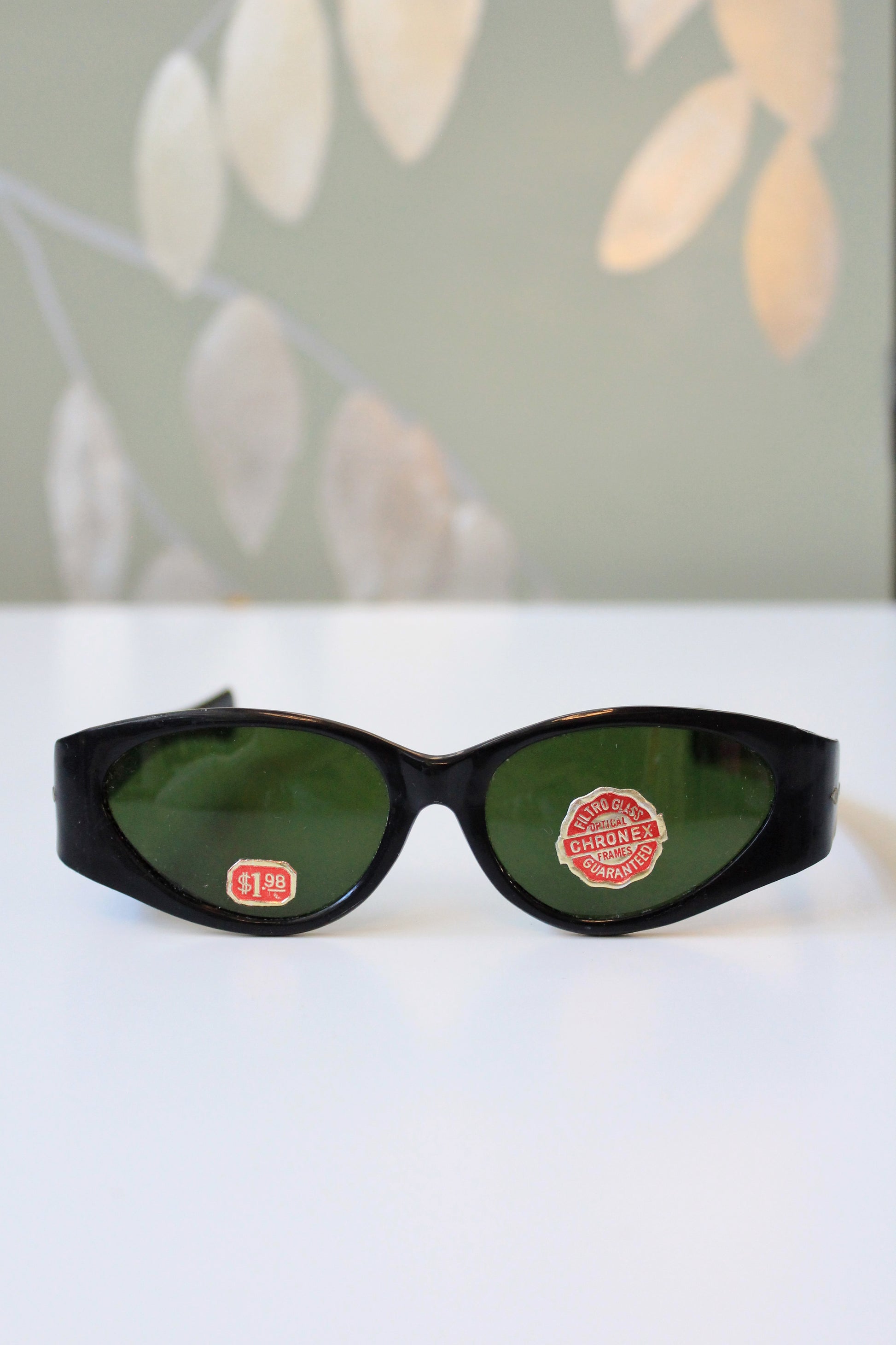 1950s Black Plastic Sunglasses With Green Lenses, Unused
