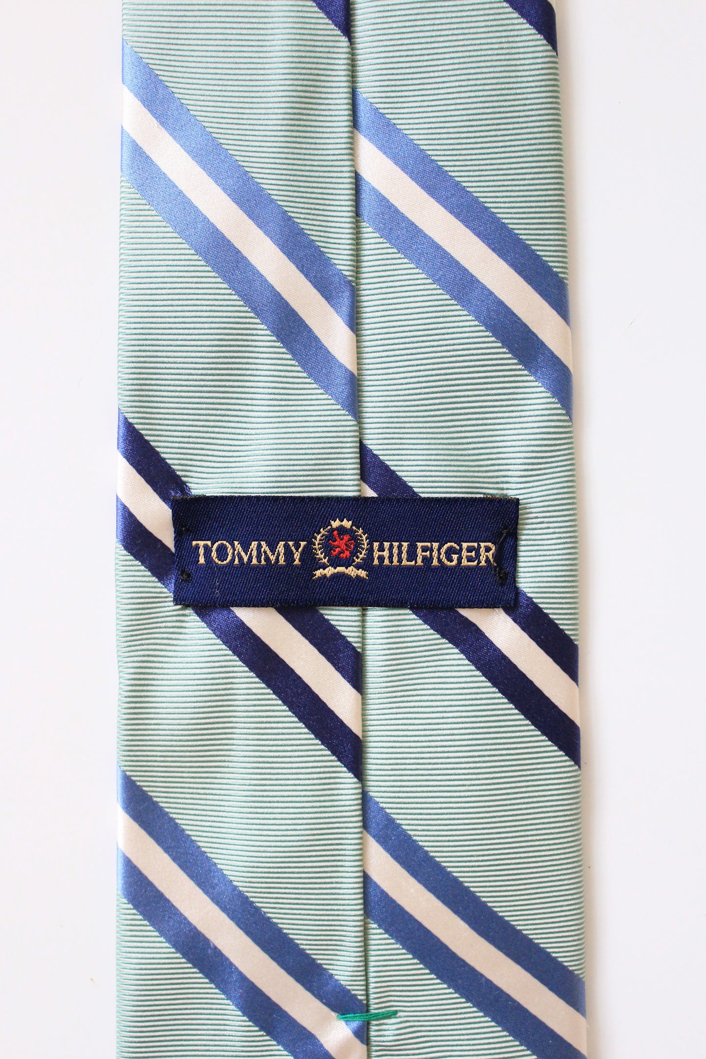 1990s Tommy Hilfiger Green And Blue Striped Designer Silk Tie 