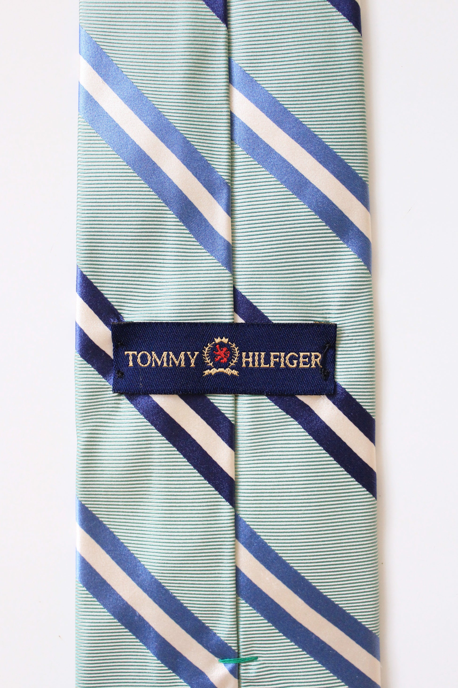1990s Tommy Hilfiger Green And Blue Striped Designer Silk Tie 