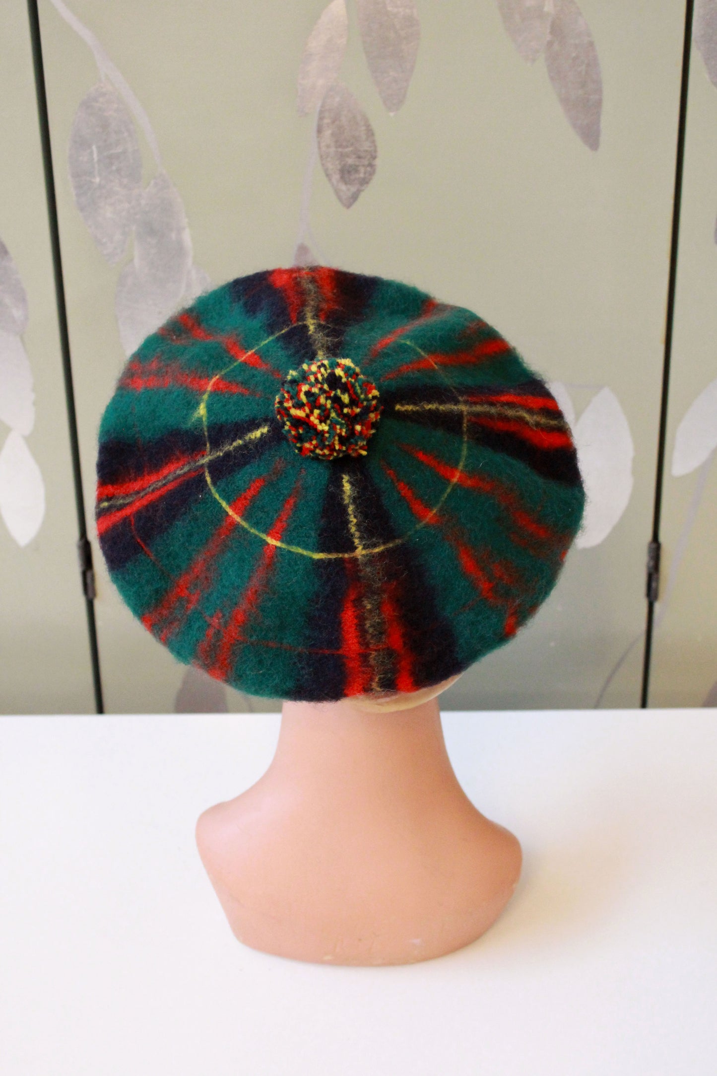 Vintage 1960s 100% Wool Erracht Cameron Plaid Beret With Pom Pom, Made In Scotland