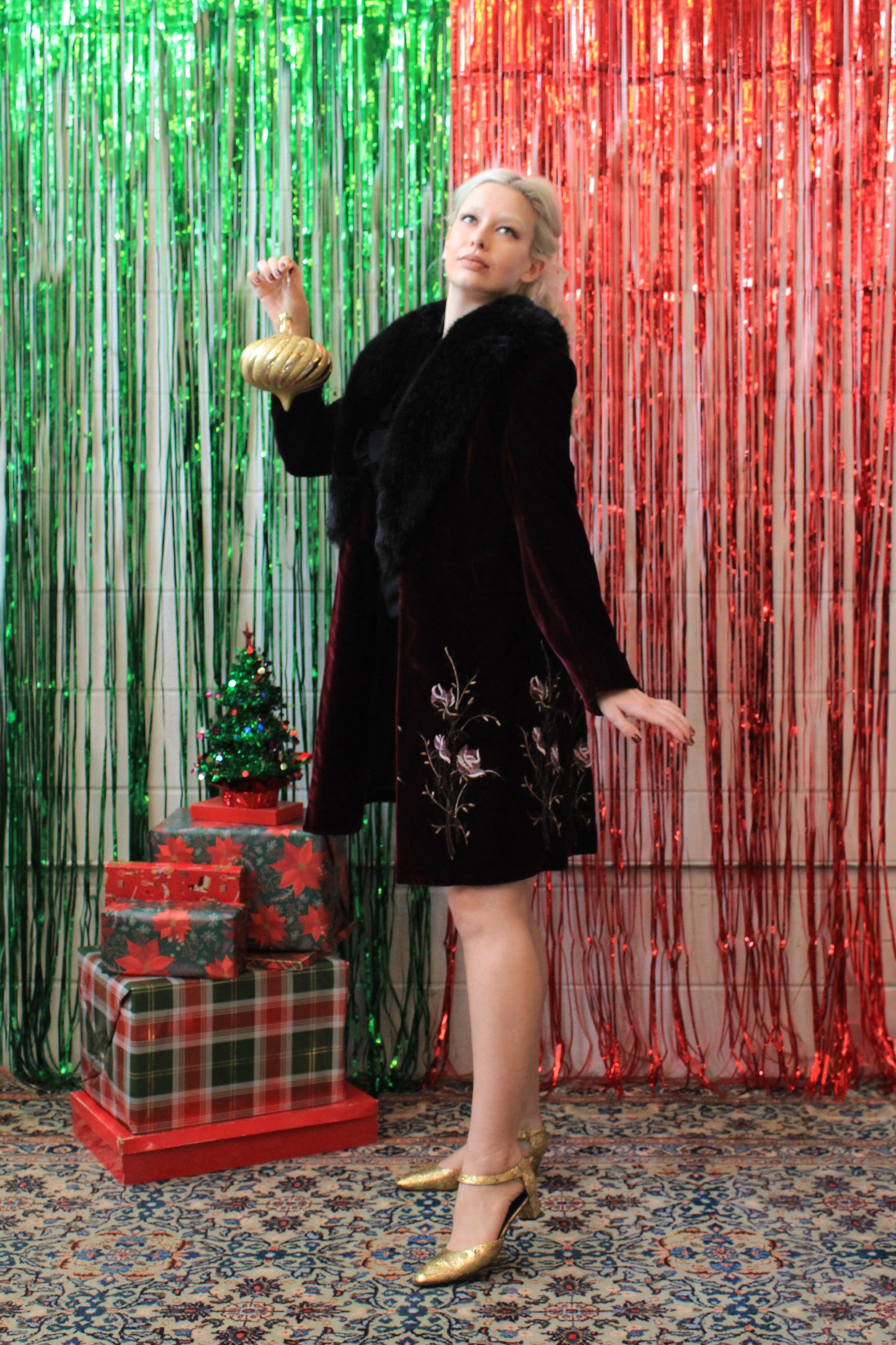 Favourbrook London Maroon Velvet Embroidered Coat with Faux Fur Collar, Small 