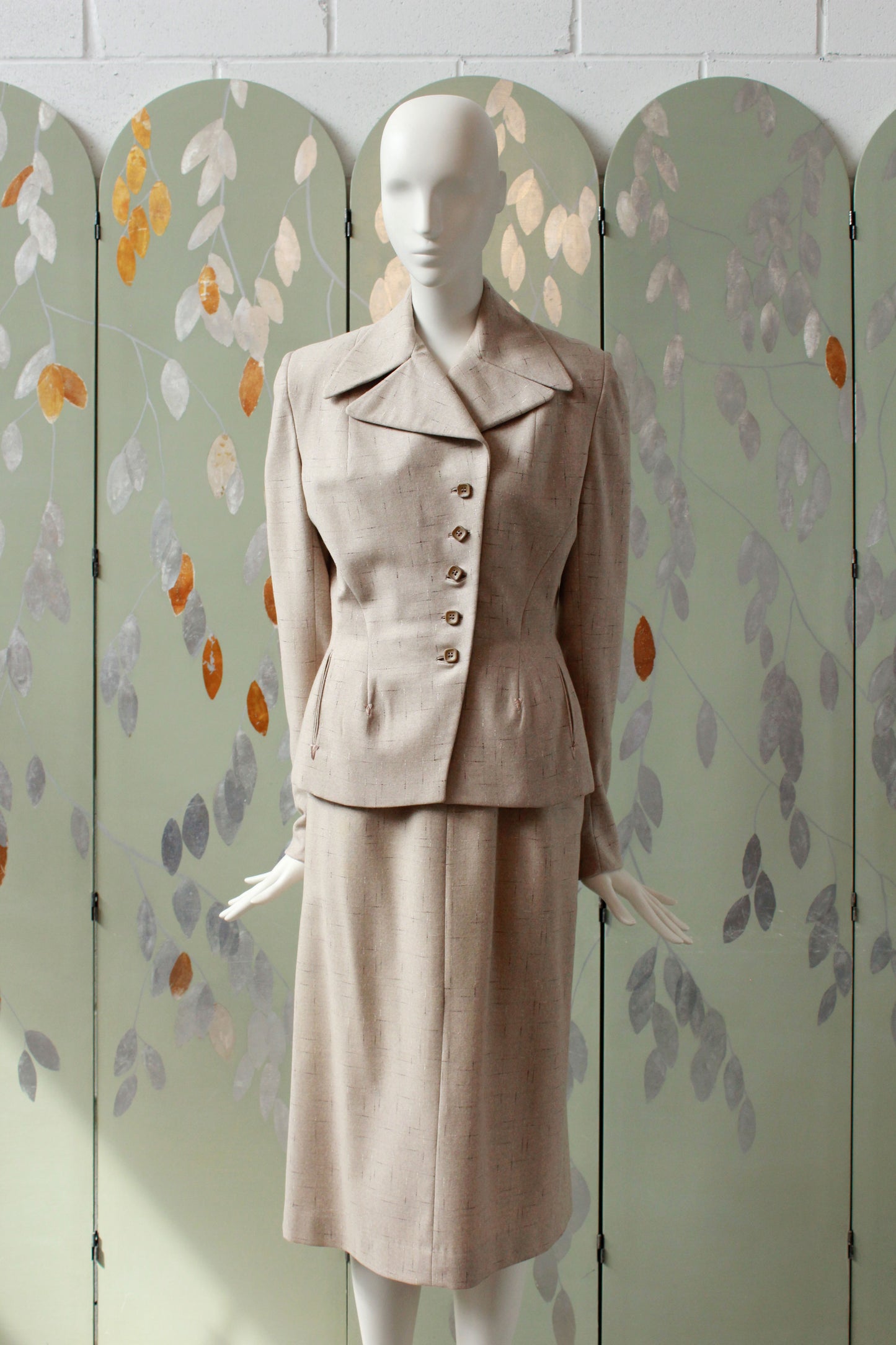 Vintage 1950s Cream Wool Fitted Skirt Suit Set, XS