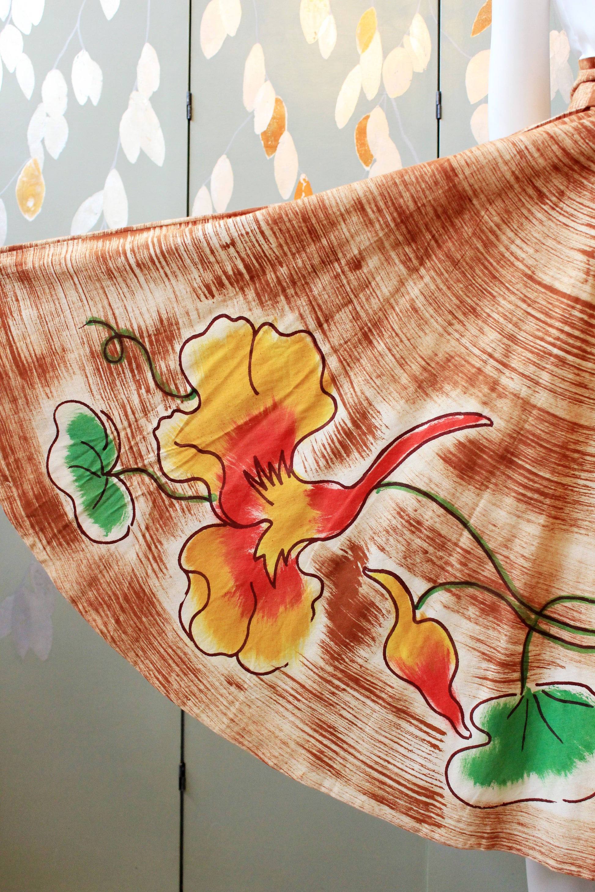 1950s Handpainted Circle Skirt With Tropical Flowers In Orange And Yellow, S/M