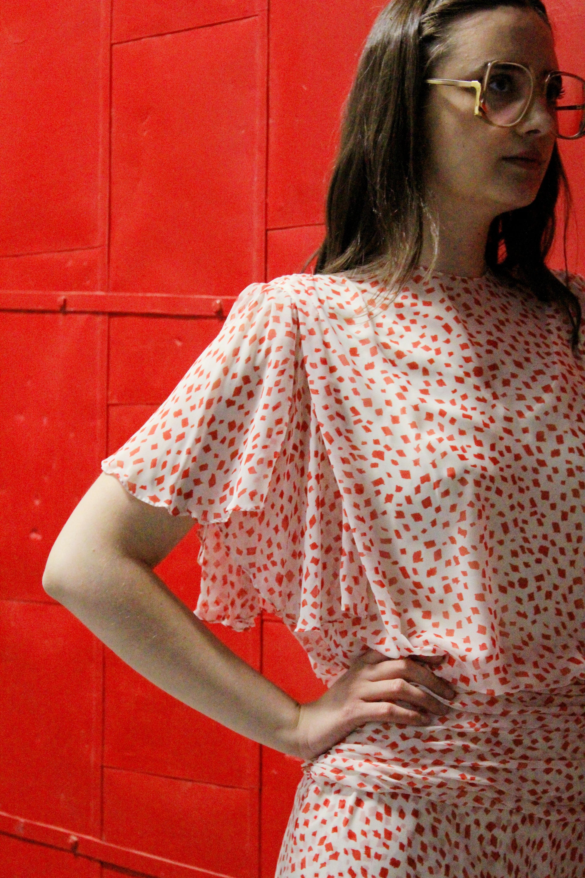 Vintage 1980s White Silk Cocktail Dress with Red Geometric Print, S/M