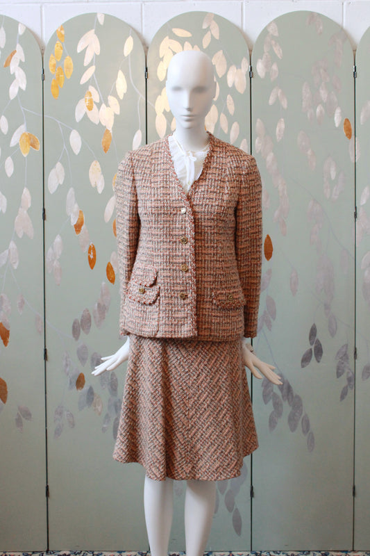 1970s Peach Tweed Saks Fifth Avenue Skirt Set, Small 