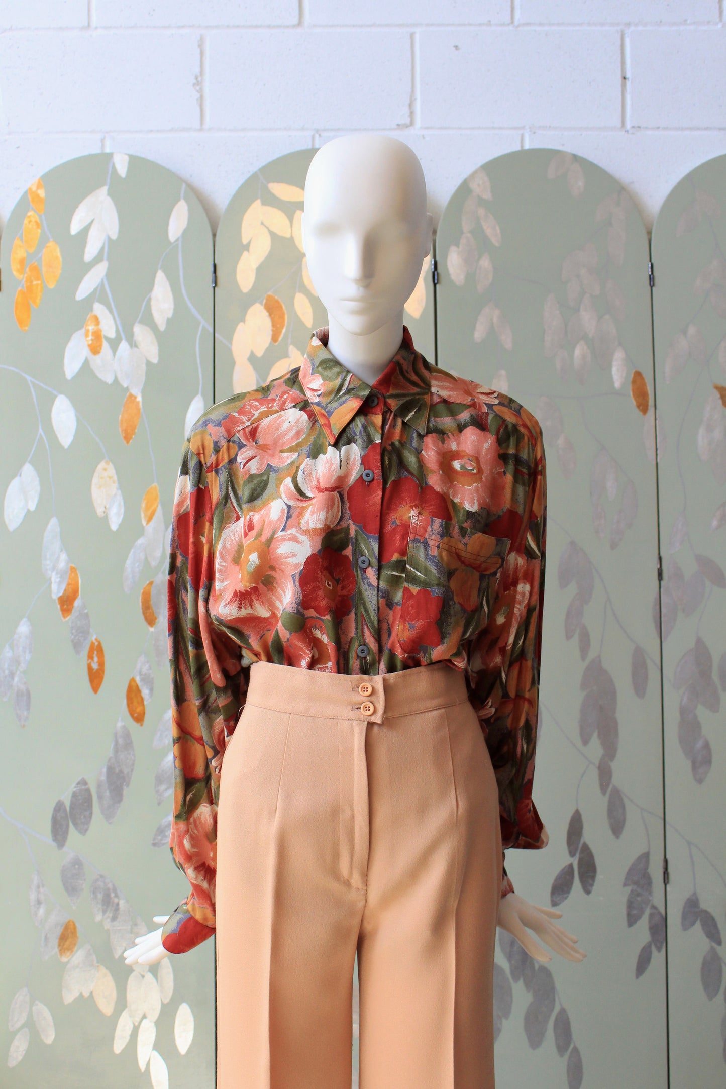 1980s Soft Rayon Floral Long Sleeve Blouse, XL