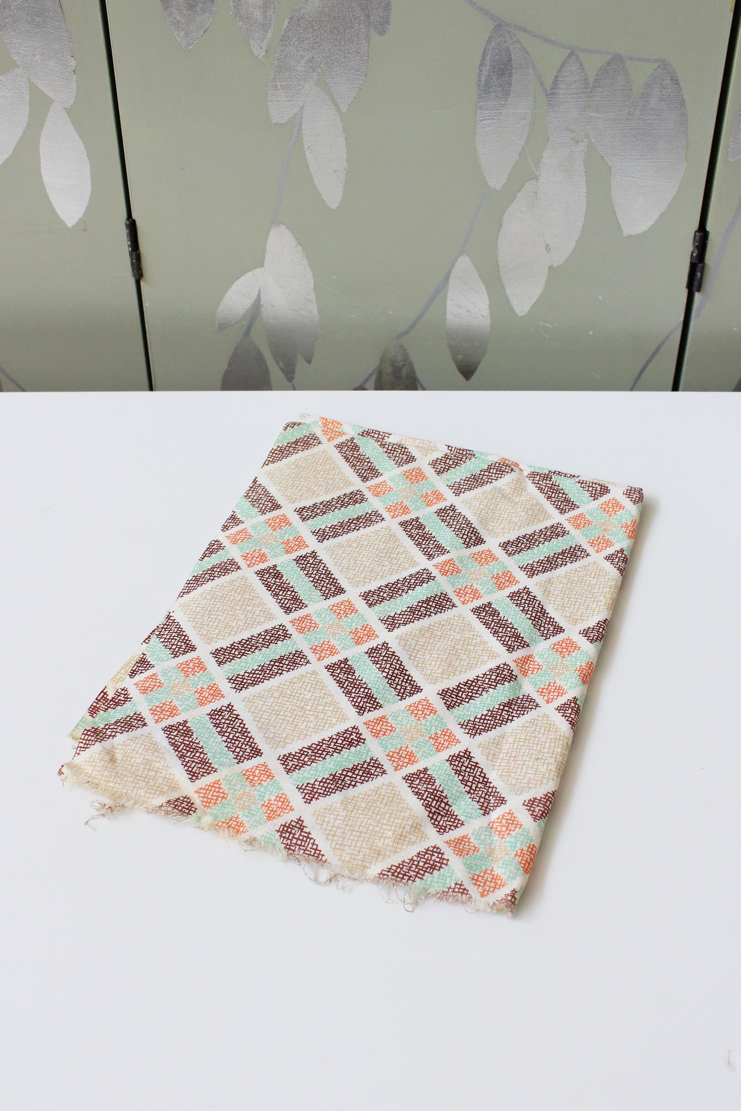 Early 1940s Deco Plaid Feedsack In Green, Orange, And Brown, Vintage Sewing/Quilting Fabric