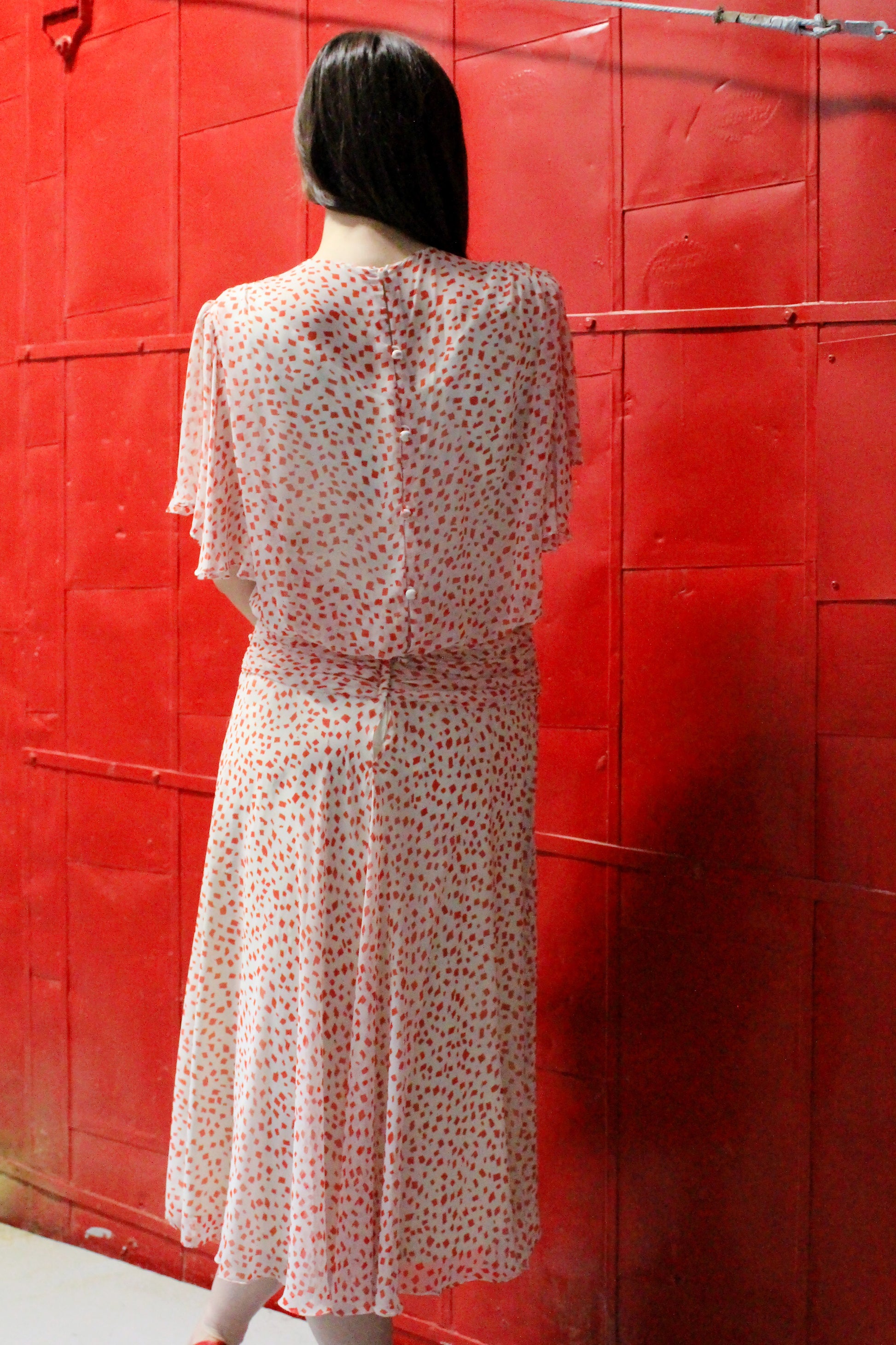 Vintage 1980s White Silk Cocktail Dress with Red Geometric Print, S/M
