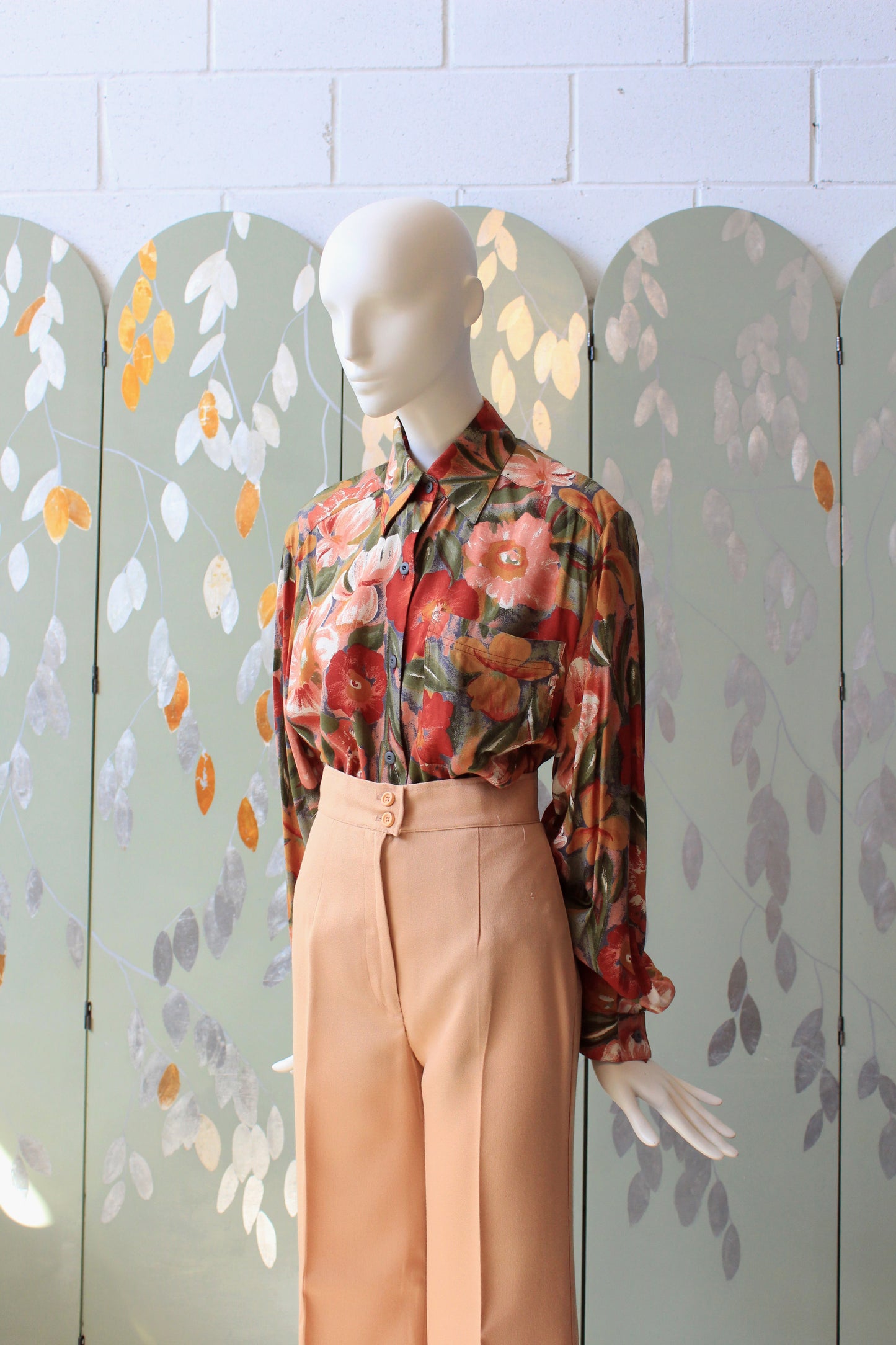 1980s Soft Rayon Floral Long Sleeve Blouse, XL