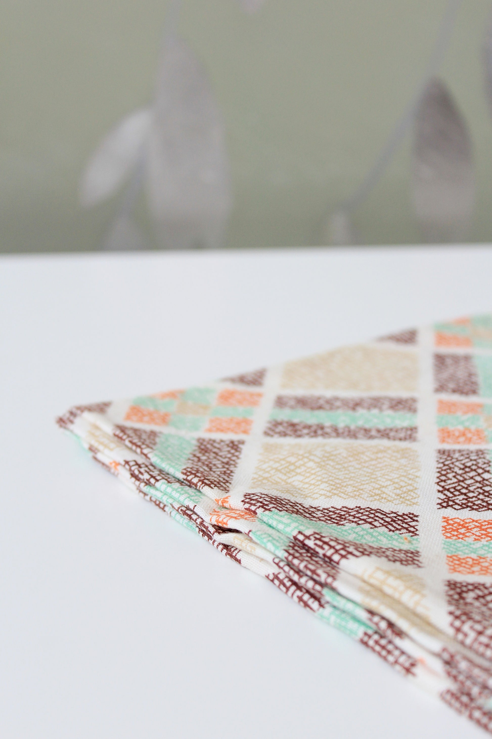 Early 1940s Deco Plaid Feedsack In Green, Orange, And Brown, Vintage Sewing/Quilting Fabric