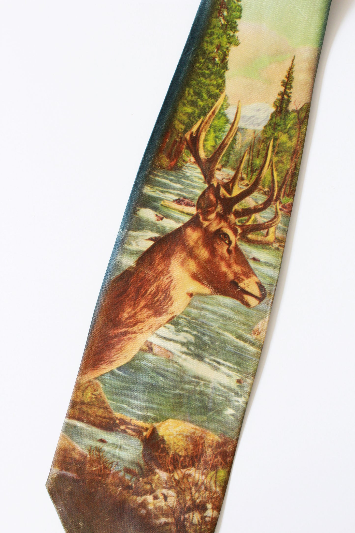 Vintage 1950s Photo Print Tie With Orange Deer, Rayon Mid Century